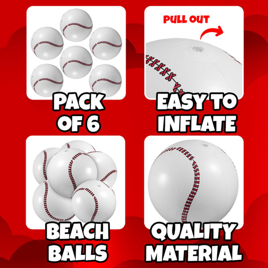 Inflatable Baseball Beach Balls (6 Pack) - 16-Inch Durable PVC Blow Up Beach Balls for Kids, Easy to Inflate, Outdoor Summer Pool Toys, Baseball Party Favors, Sports Theme Decorations, & Giveaways