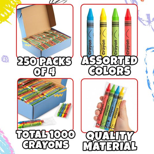Bulk Crayons 1000 Pack (250 Sets of 4) - Individually Wrapped Crayons Party Favors for Kids, Restaurants, Classrooms, Birthday Goodie Bags, School Supplies, Travel, Toddler Coloring Fun, Non-Toxic Wax