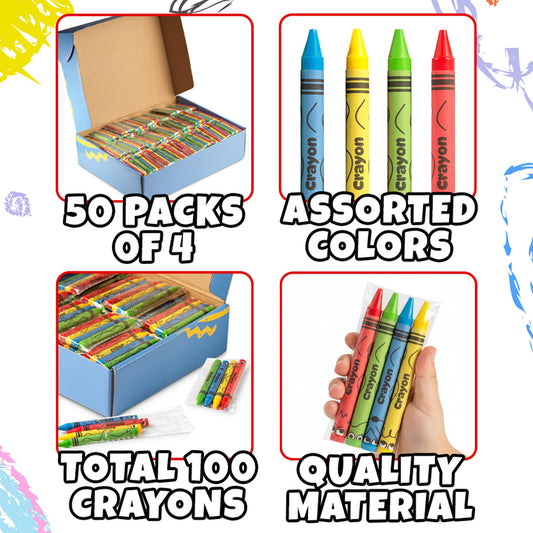 Bulk Crayons 200 Pack (50 Sets of 4) - Individually Wrapped Crayons Party Favors for Kids, Restaurants, Classrooms, Birthday Goodie Bags, School Supplies, Travel, Toddler Coloring Fun, Non-Toxic Wax