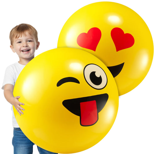 KiddieLoot 18-Inch Happy Face Playground Balls for Kids & Toddlers (2-Pack) - Jumbo Size Bouncy Balls w/Fun Smiley Designs - Lightweight Play Inflatable Kickballs for Boys & Girls