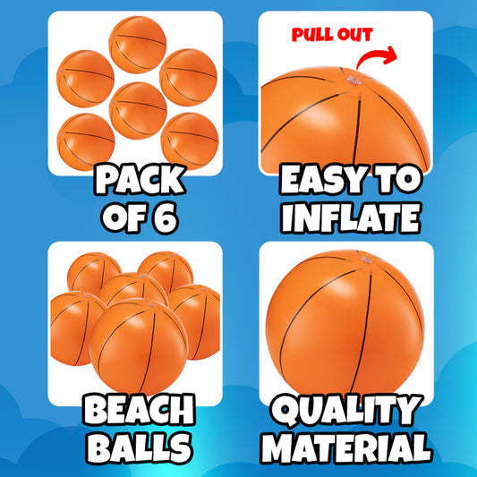 Inflatable Basketball Beach Balls (6 Pack) - 16-Inch Durable PVC Blow Up Beach Balls for Kids, Easy to Inflate, Outdoor Summer Pool Toys, Basketball Party Favors, Sports Theme Decorations, Giveaways
