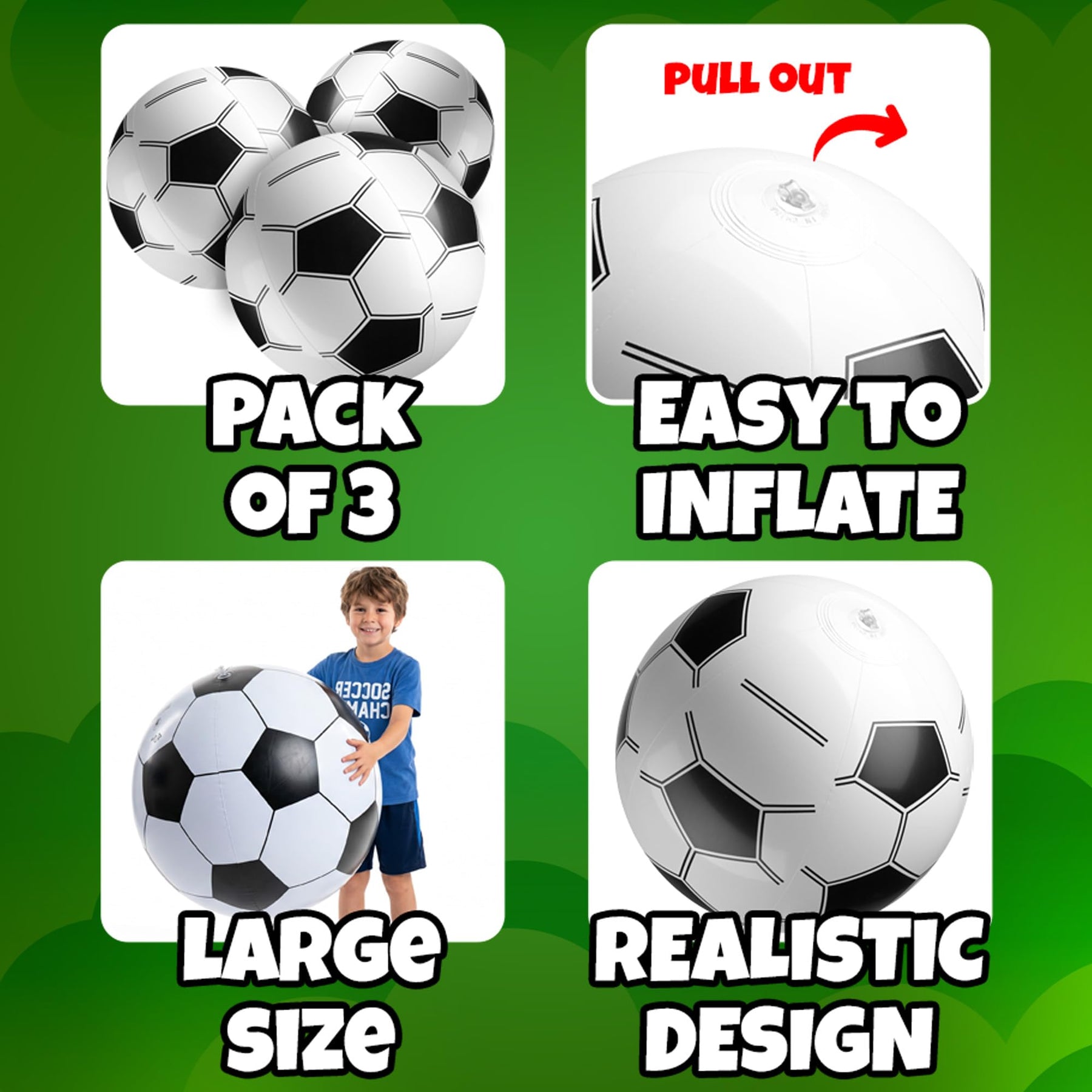 KiddieLoot 24-Inch Giant Beach Balls - (3-Pack) Inflatable Soccer Beach Balls - Extra Large Blow Up Pool Balls for Kids, Summer Pool Toys, Soccer Party Decorations & Sports Theme Decorations