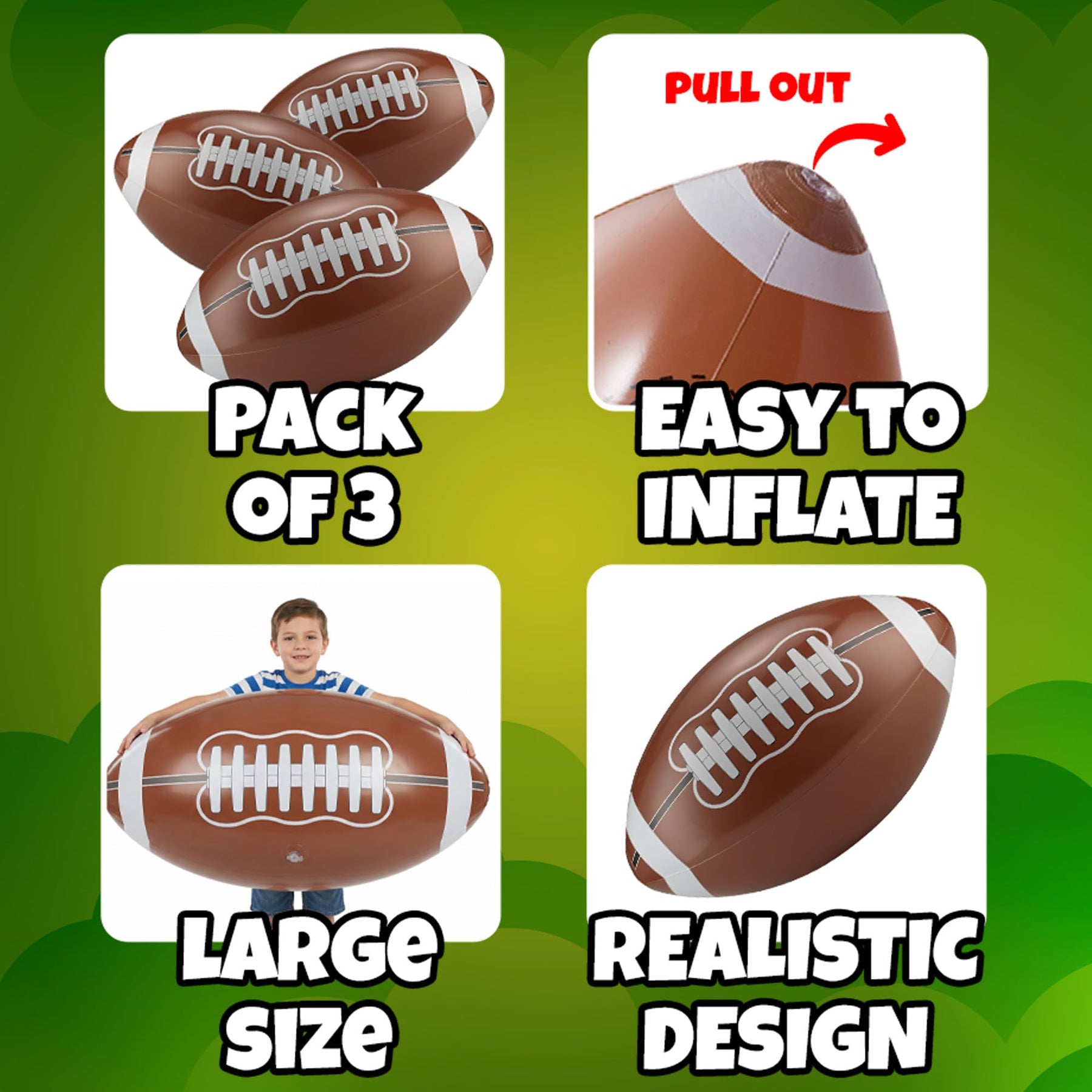 KiddieLoot 24-Inch Giant Beach Balls - (3-Pack) Inflatable Football Beach Balls - Extra Large Blow-Up Pool Balls for Kids, Summer Pool Toys, Football Party Decorations & Sports Theme Decorations
