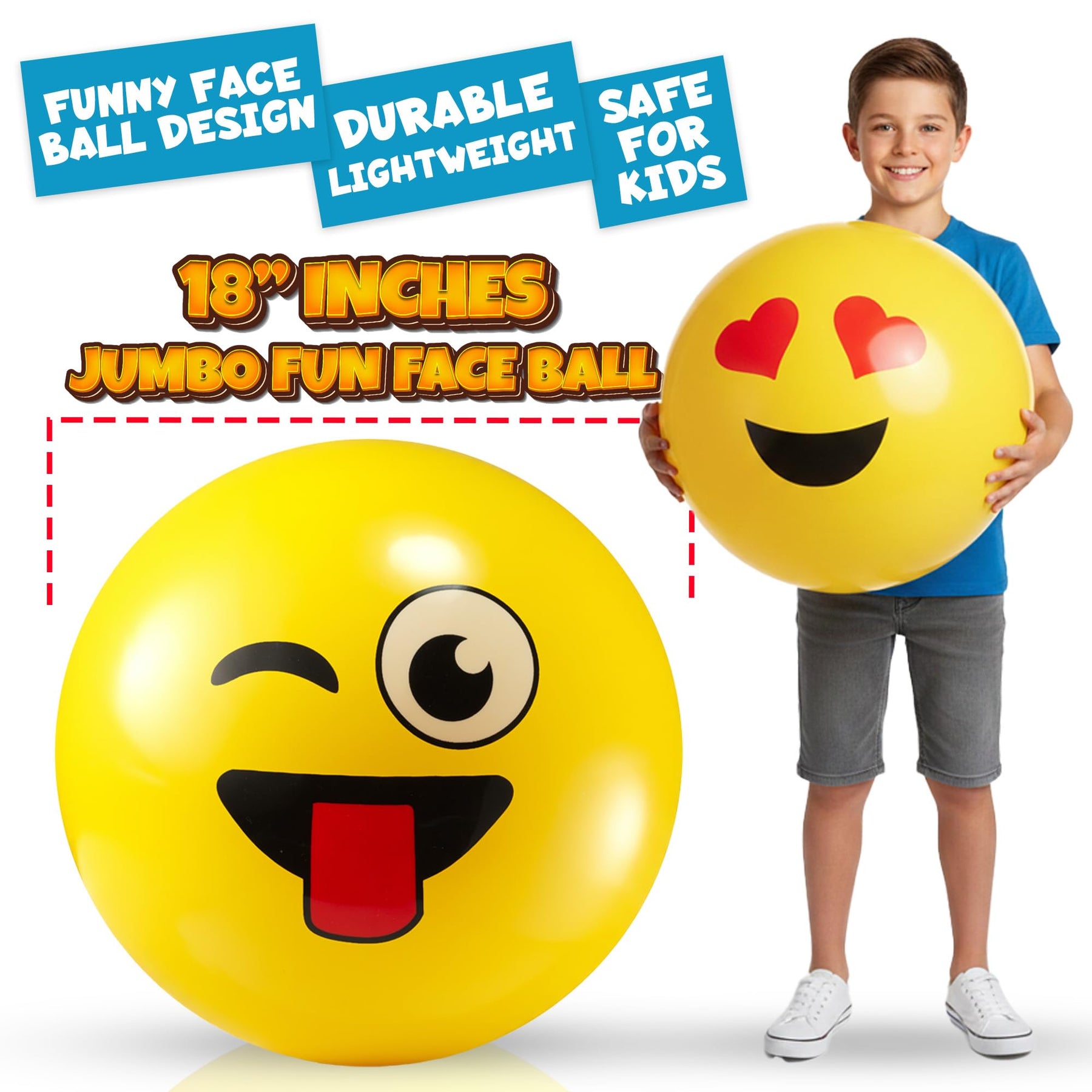 KiddieLoot 18-Inch Happy Face Playground Balls for Kids & Toddlers (2-Pack) - Jumbo Size Bouncy Balls w/Fun Smiley Designs - Lightweight Play Inflatable Kickballs for Boys & Girls