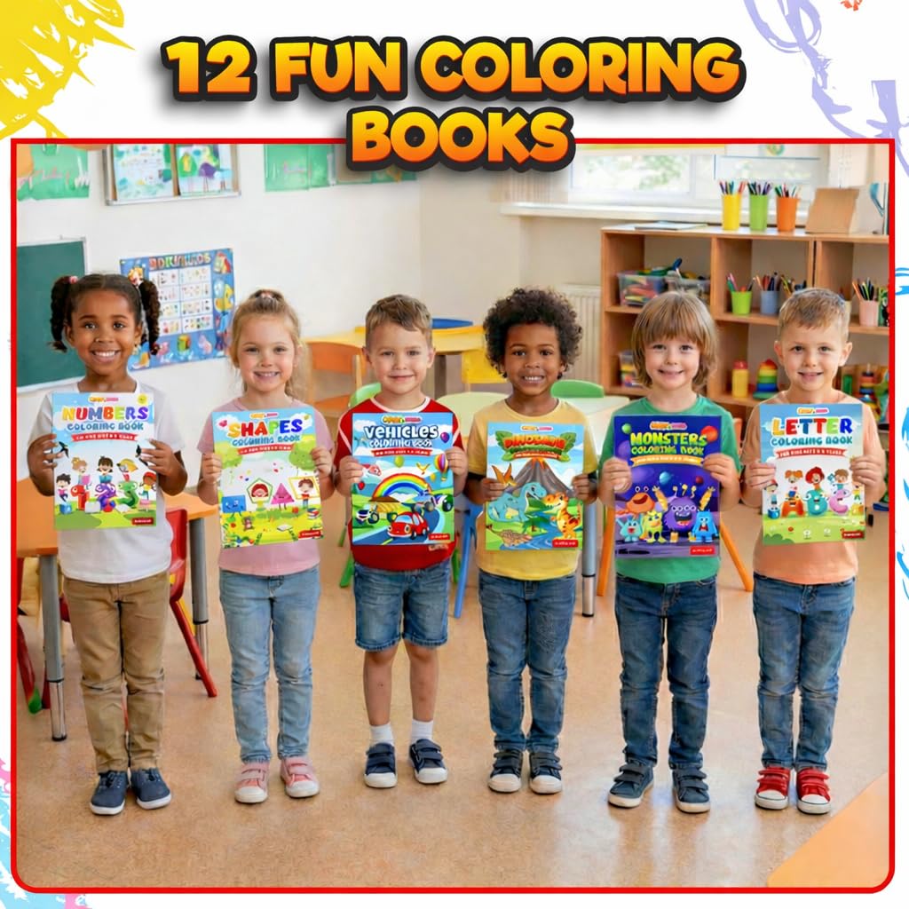 KiddieLoot Coloring Books for Kids Ages 4-8 - (Pack of 12) 8.5x11 Size Book w/Dinosaurs, Monsters, Vehicles, Alphabet, Numbers & Shapes - Kids Coloring Books Variety Set for Boys & Girls Color Gift