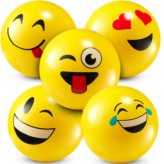 KiddieLoot 8.5-Inch Happy Face Bouncing Balls for Kids & Toddlers (Pack of 5) - Playground Balls w/ 5 Fun Designs - Lightweight Play Bouncy Ball Gifts for Boys & Girls