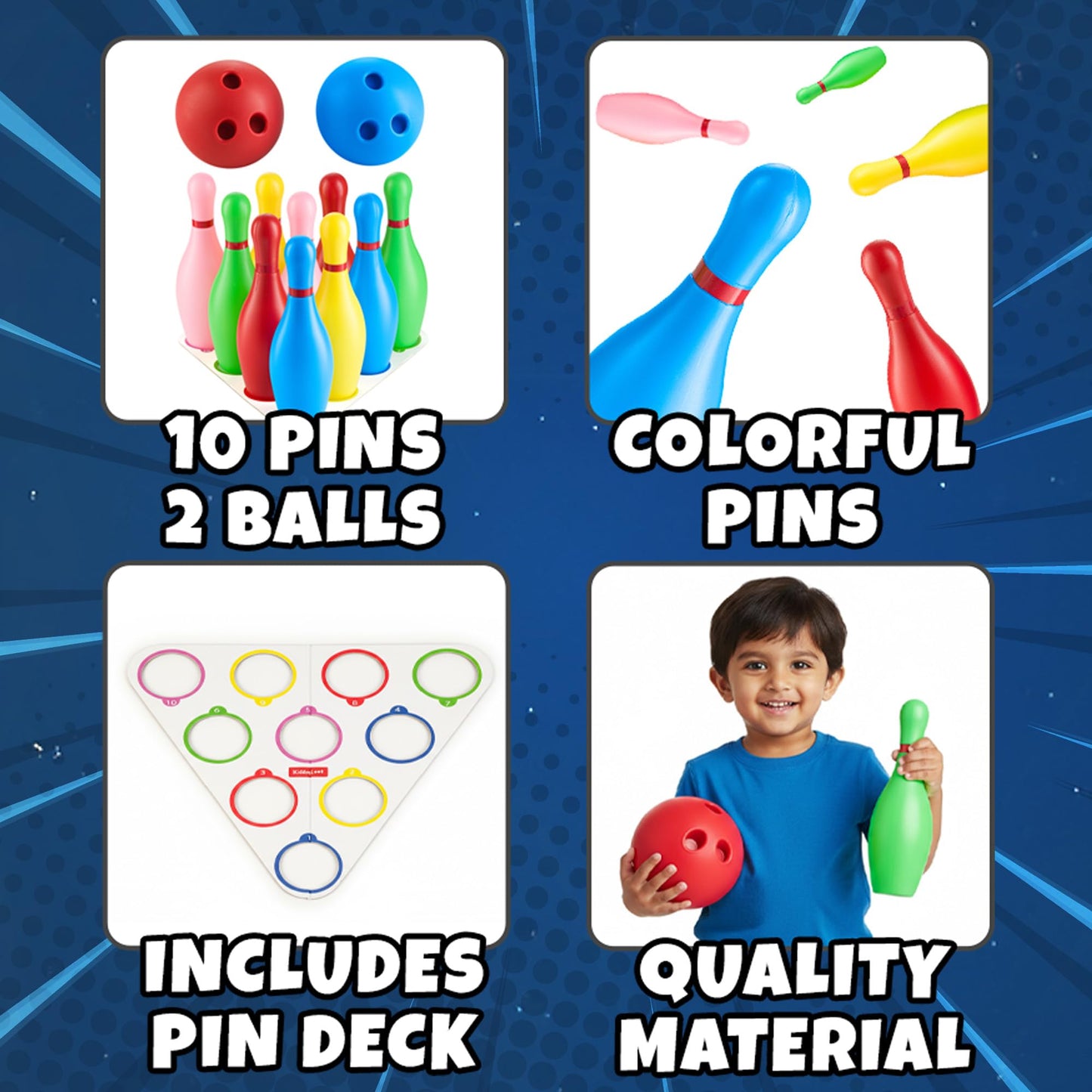 Kids Bowling Set - 10 Colorful Plastic Pins & 2 Lightweight Bowling Balls - Family Fun Indoor & Outdoor Toddler Bowling Set Game for Boys & Girls, Educational & Active Play Toy, Birthday Gift Ages 3+