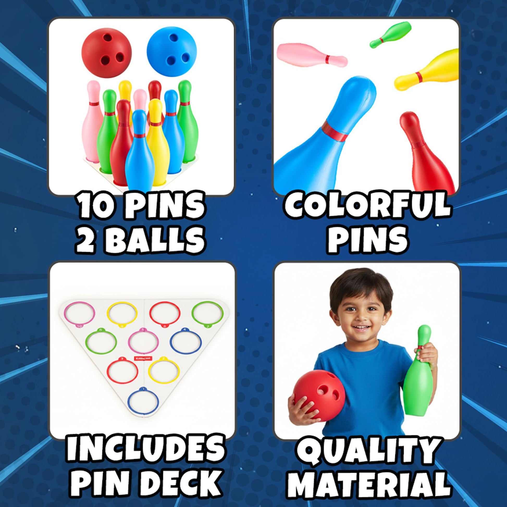 Kids Bowling Set - 10 Colorful Plastic Pins & 2 Lightweight Bowling Balls - Family Fun Indoor & Outdoor Toddler Bowling Set Game for Boys & Girls, Educational & Active Play Toy, Birthday Gift Ages 3+