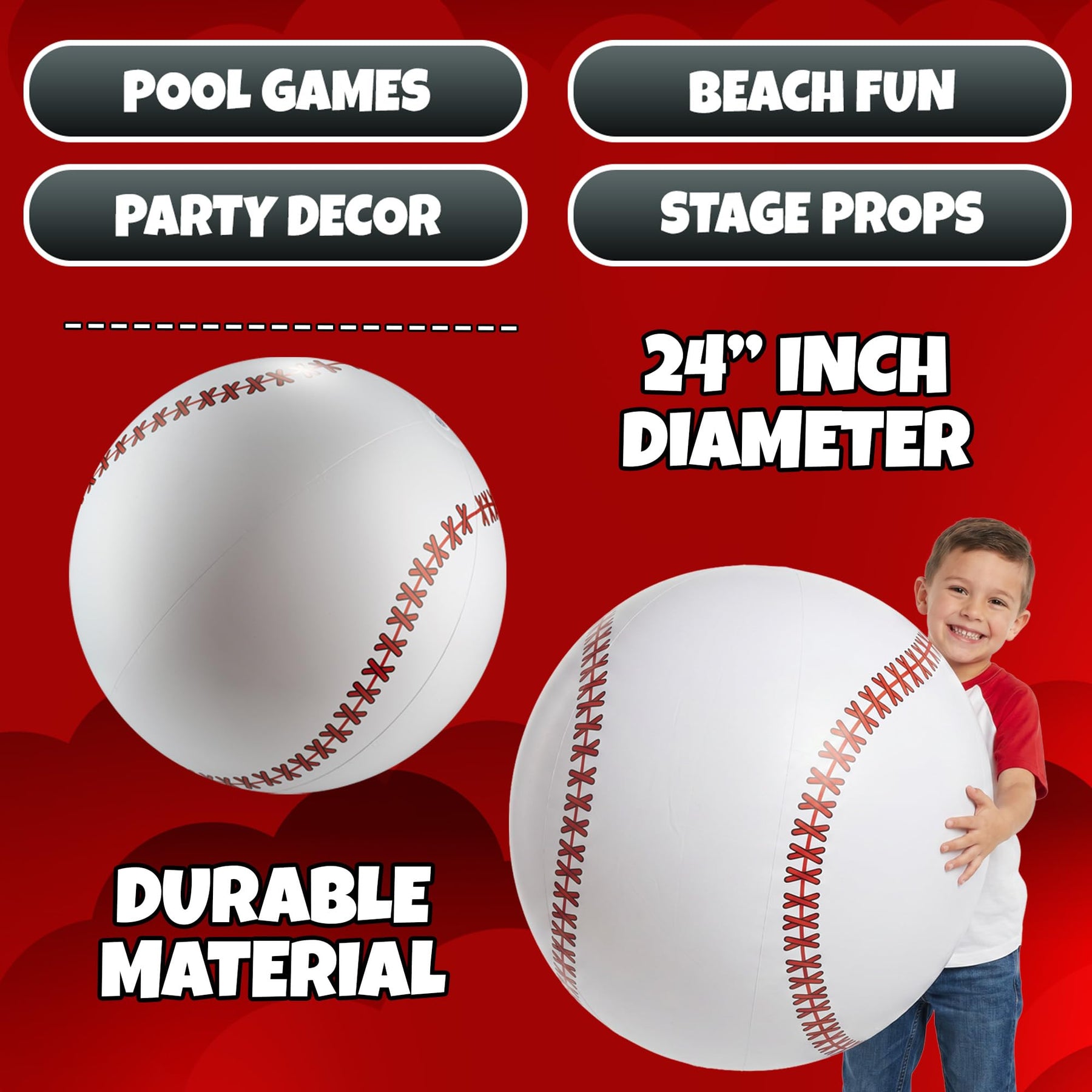 KiddieLoot 24-Inch Giant Beach Balls - (3-Pack) Inflatable Baseball Beach Balls - Extra Large Blow Up Pool Balls for Kids, Summer Pool Toys, Baseball Party Decorations & Sports Theme Decorations
