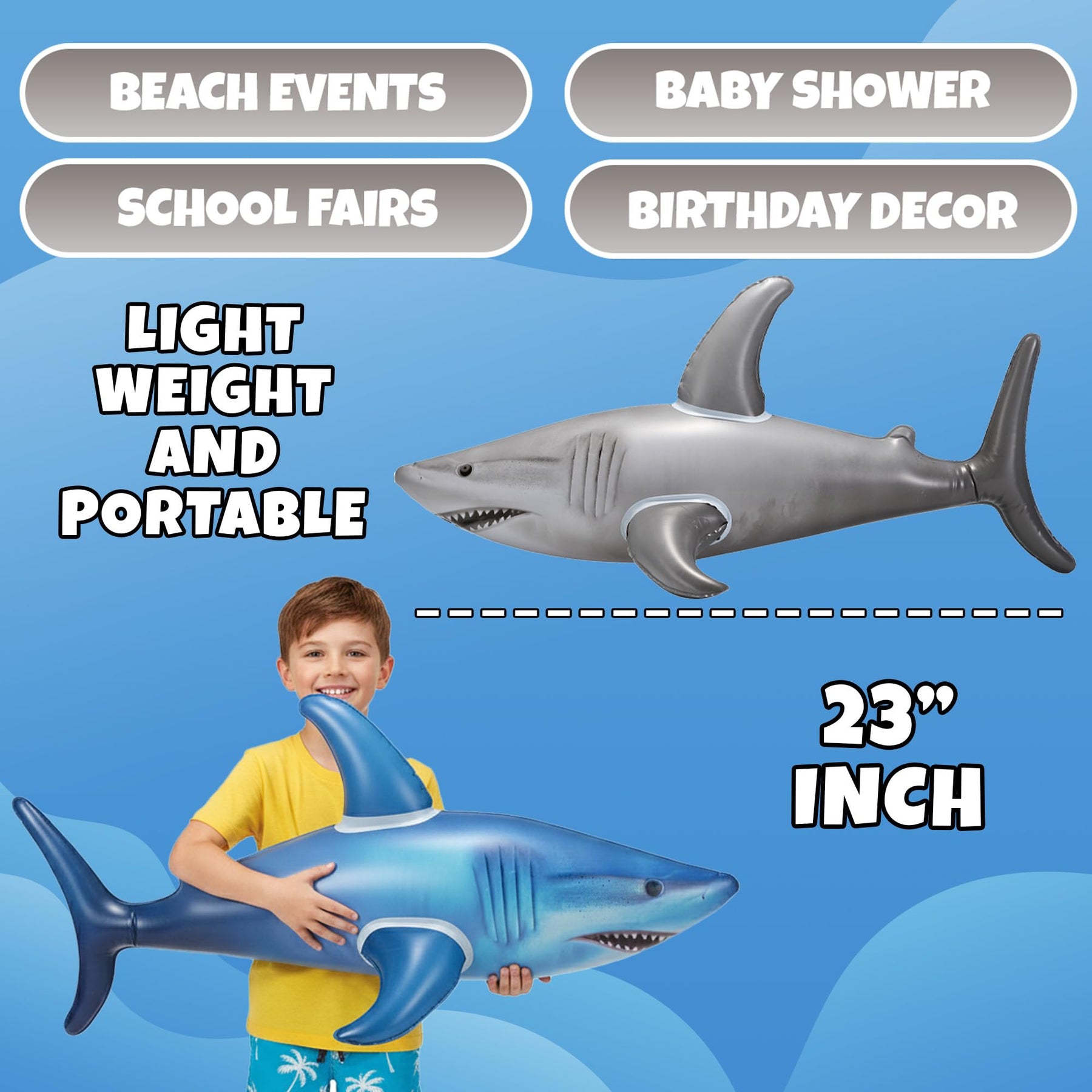 Inflatable Shark Birthday Party Decorations & Pool Toys - 4 Pack (2 Grey, 2 Blue) Large 23-Inch Blow-Up Shark Float Party Supplies for Kids or Adults Birthday, Beach, Summer Games & Party Favor Gifts