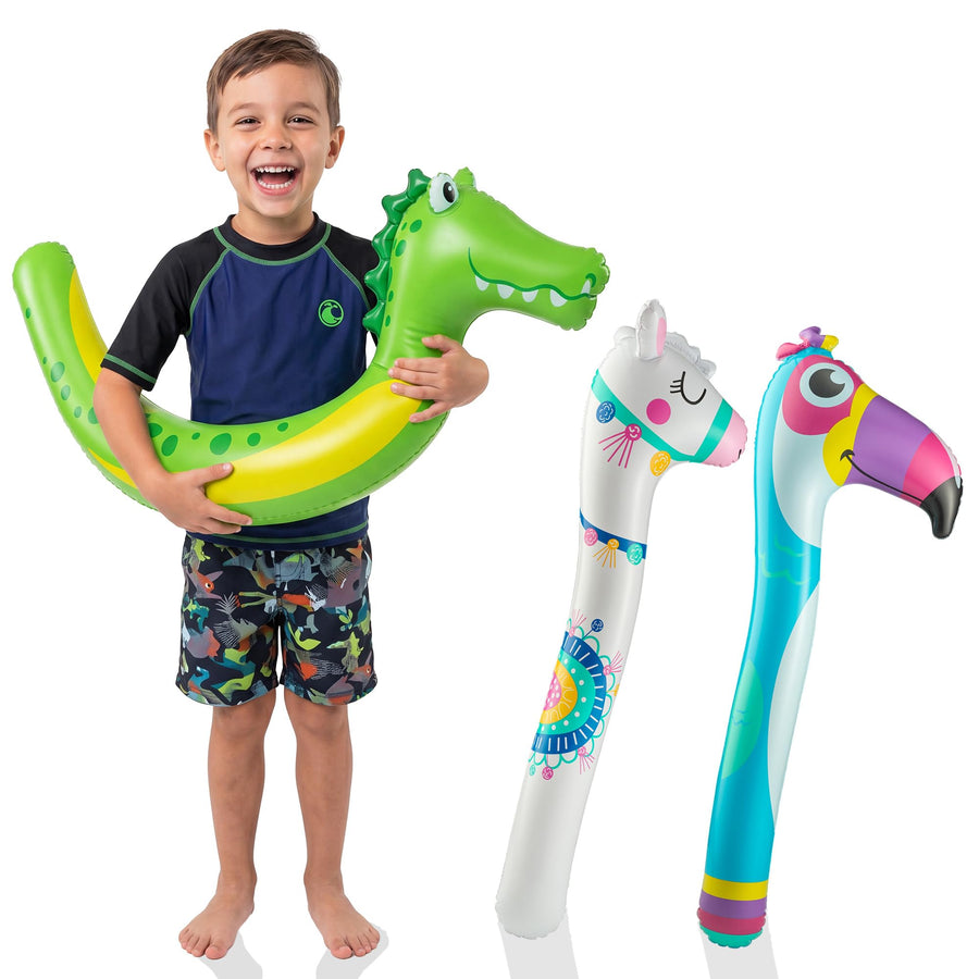 Inflatable Pool Noodles (3 Pack, 45 Inch) - Portable Blow Up Pool Floats for Kids - Cute Flamingo, Dinosaur, & Unicorn Designs - Travel Friendly Swimming Pool Noodle Toys for Lakes, Beach or Vacation
