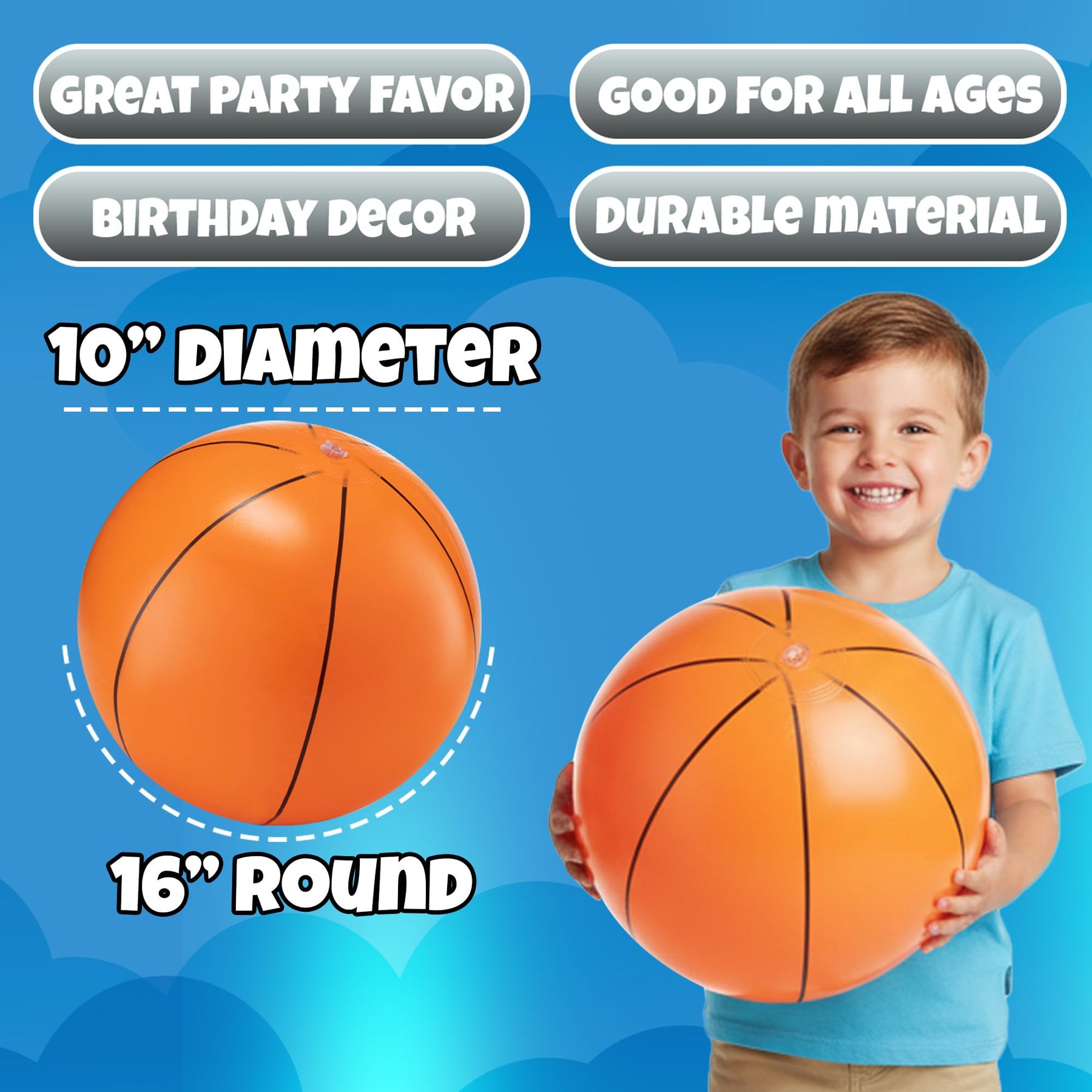 Inflatable Basketball Beach Balls (6 Pack) - 16-Inch Durable PVC Blow Up Beach Balls for Kids, Easy to Inflate, Outdoor Summer Pool Toys, Basketball Party Favors, Sports Theme Decorations, Giveaways