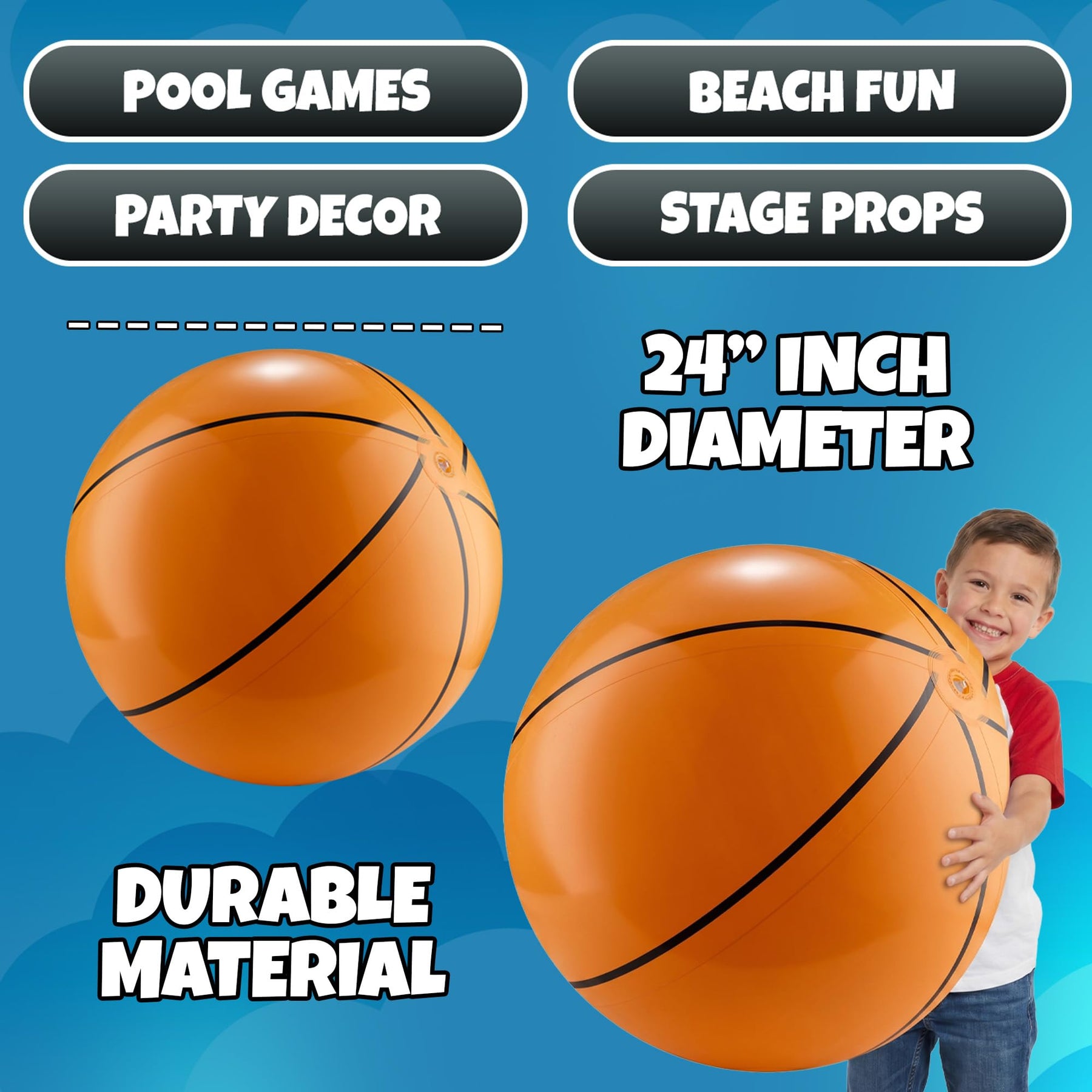 KiddieLoot 24-Inch Giant Beach Balls - (3-Pack) Inflatable Basketball Beach Balls - Extra Large Blow Up Pool Balls for Kids, Summer Pool Toys, Basketball Party Decorations & Sports Theme Decorations
