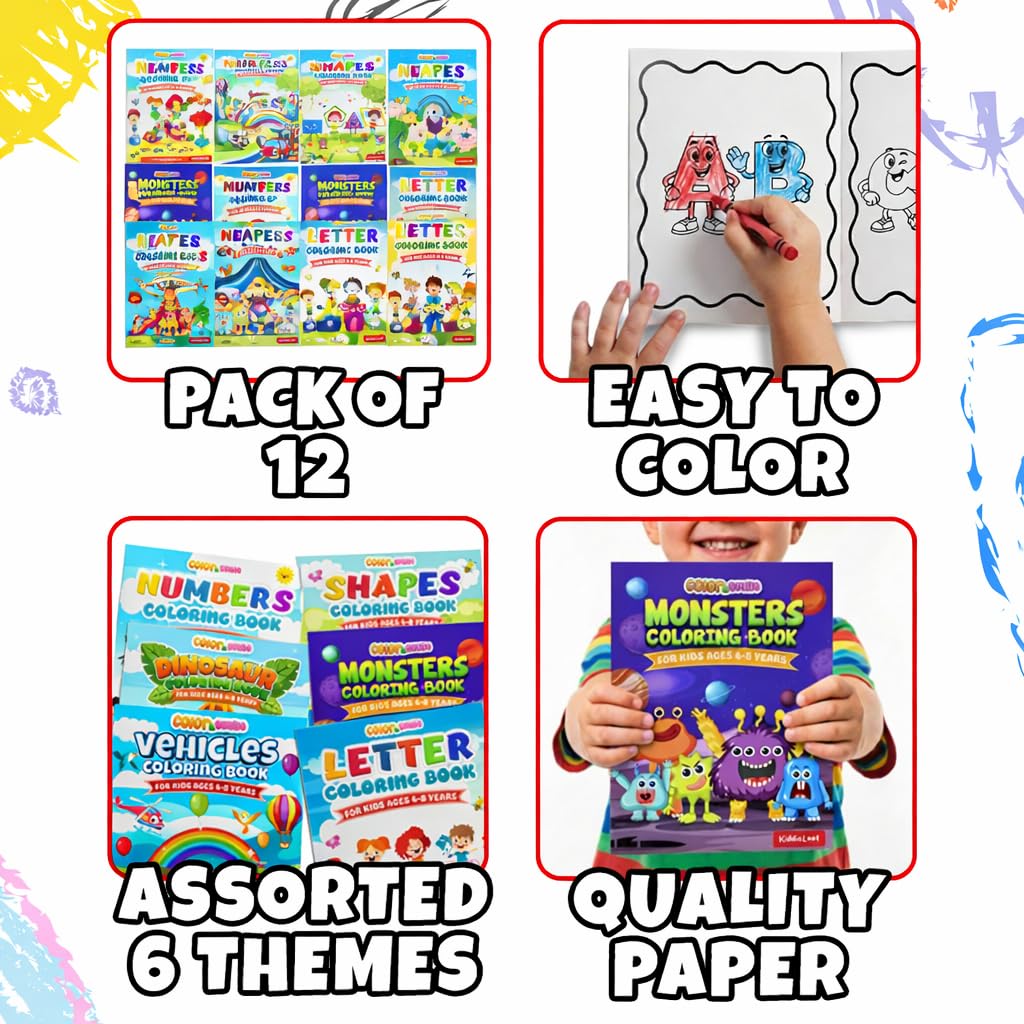 KiddieLoot Coloring Books for Kids Ages 4-8 - (Pack of 12) 8.5x11 Size Book w/Dinosaurs, Monsters, Vehicles, Alphabet, Numbers & Shapes - Kids Coloring Books Variety Set for Boys & Girls Color Gift