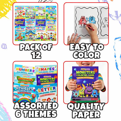 KiddieLoot Coloring Books for Kids Ages 4-8 - (Pack of 12) 8.5x11 Size Book w/Dinosaurs, Monsters, Vehicles, Alphabet, Numbers & Shapes - Kids Coloring Books Variety Set for Boys & Girls Color Gift