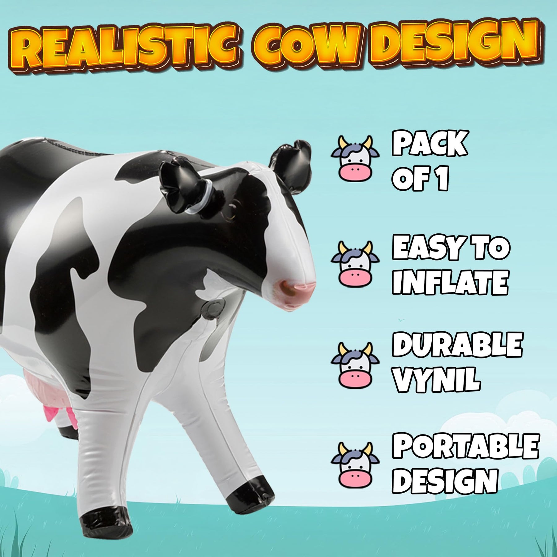 38" Inflatable Cow Blow-Up Float - Cute Farm Animal Party Decoration for Barnyard Birthdays, Western Theme, Pool Toy, Photo Prop, UFO Party Fun for Kids