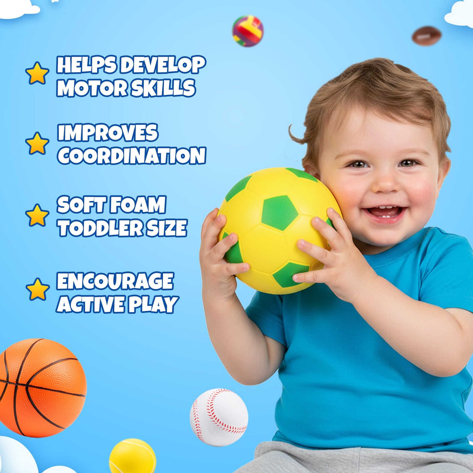 Foam Sports Balls For Toddlers 1-3, 6 Piece Soft Sports Balls with Soccer, Basketball, Football, Baseball, Tennis & Volleyball - Indoor & Outdoor Toddler Boys & Girls Ball Toys with Mesh Storage Bag