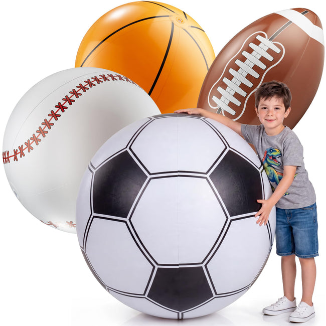 24-Inch Giant Beach Balls - (4-Pack) Extra Large Inflatable Sports Pool Ball Variety - Basketball Football Soccer Baseball - Oversized Beach Balls for Kids Summer Parties & Sports Theme Decorations