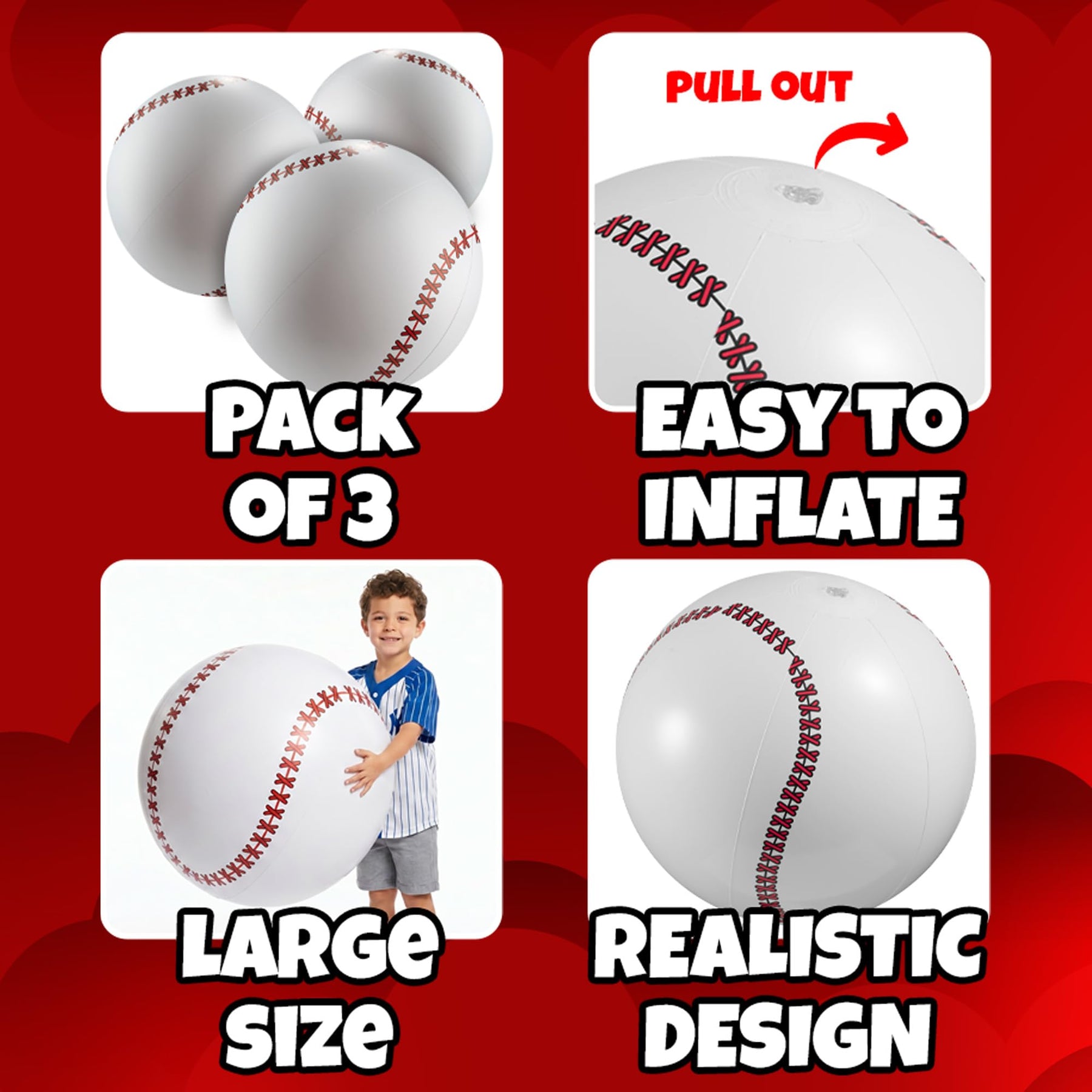 KiddieLoot 24-Inch Giant Beach Balls - (3-Pack) Inflatable Baseball Beach Balls - Extra Large Blow Up Pool Balls for Kids, Summer Pool Toys, Baseball Party Decorations & Sports Theme Decorations