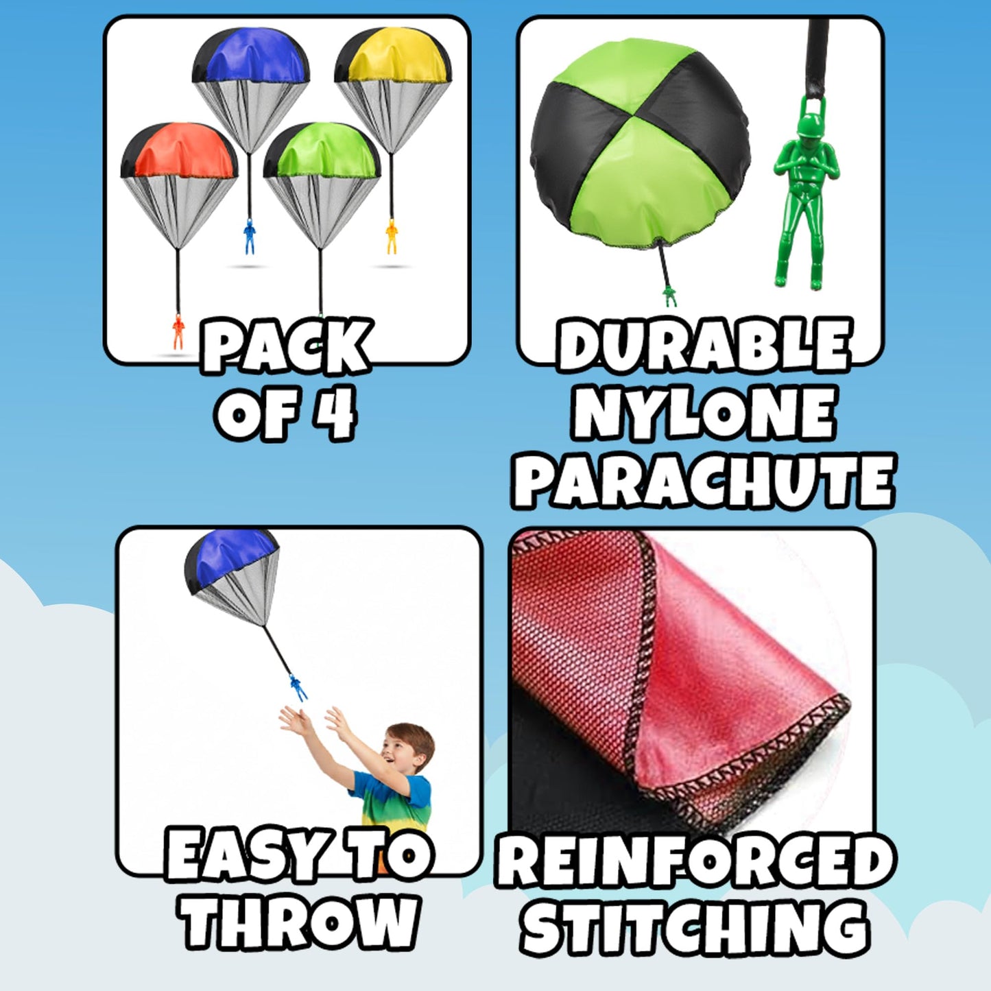 Parachute Toys for Kids - (Pack of 4) Tangle-Free Throwing Parachute Army Figures in Bright Colors - Outdoor Flying Toys for Kids Ages 4-8, Party Favors, Birthday Gifts, Boys & Girls Ages 3+