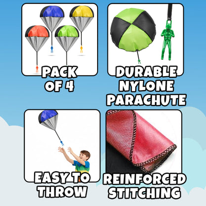 Parachute Toys for Kids - (Pack of 4) Tangle-Free Throwing Parachute Army Figures in Bright Colors - Outdoor Flying Toys for Kids Ages 4-8, Party Favors, Birthday Gifts, Boys & Girls Ages 3+