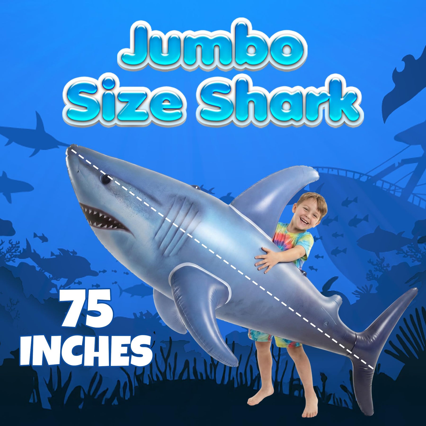Giant Inflatable Shark Pool Float 75” - Large Blow Up Shark Toy for Kids, Teens & Adults - Realistic Fish Swimming Pool Toy, Ocean Theme Birthday Party Decorations, Beach & Backyard Summer Float