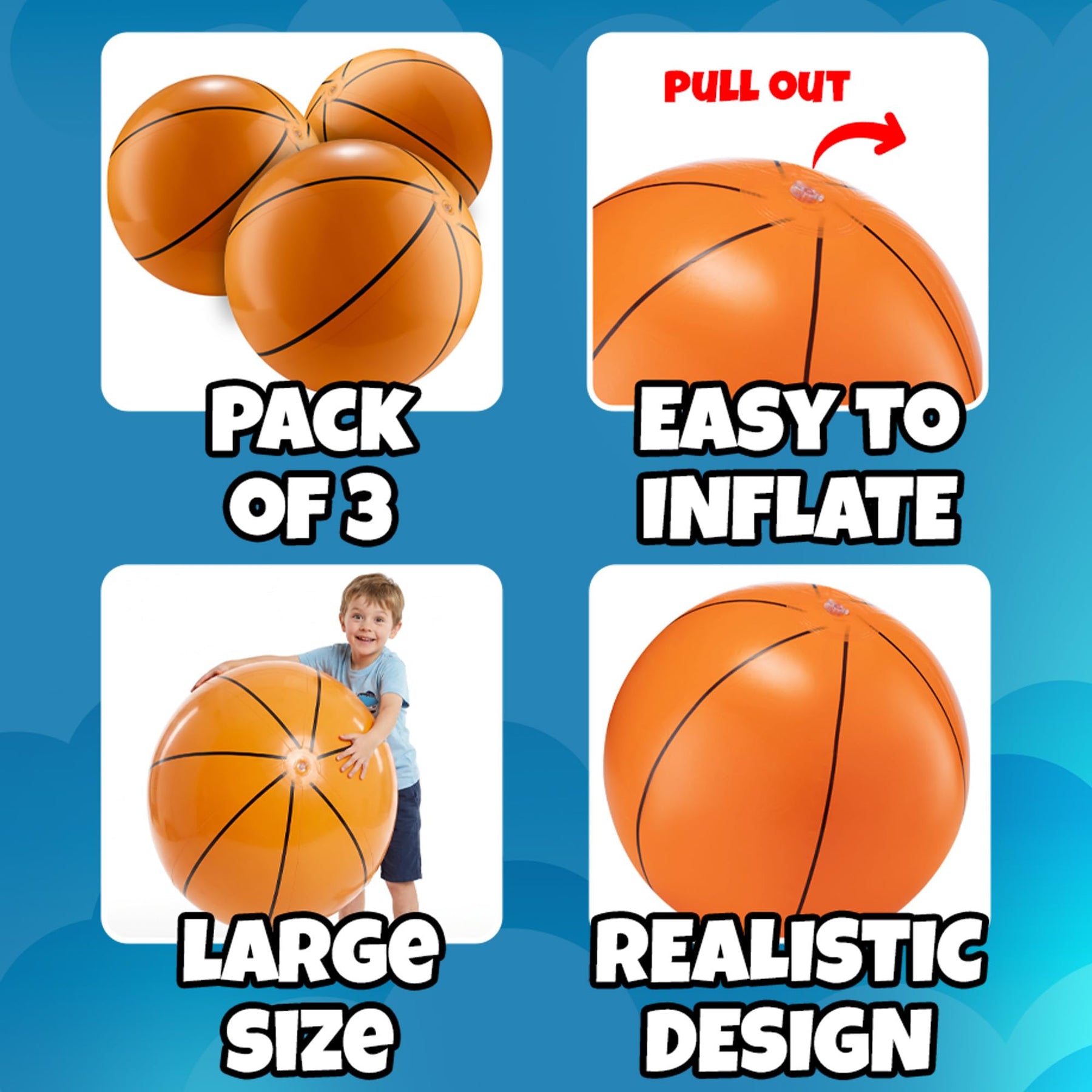KiddieLoot 24-Inch Giant Beach Balls - (3-Pack) Inflatable Basketball Beach Balls - Extra Large Blow Up Pool Balls for Kids, Summer Pool Toys, Basketball Party Decorations & Sports Theme Decorations
