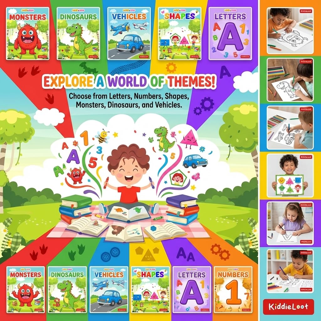 KiddieLoot Coloring Books for Kids Ages 4-8 - (Pack of 6) 8.5x11 Size Book w/Dinosaurs, Monsters, Vehicles, Alphabet, Numbers & Shapes - Kids Coloring Books Variety Set for Boys & Girls Color Gift