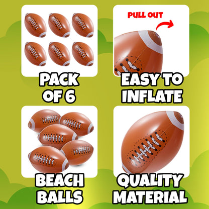 Inflatable Football Beach Balls (6 Pack) - 16-Inch Durable PVC Blow Up Beach Balls for Kids, Easy to Inflate, Outdoor Summer Pool Toys, Football Party Favors, Sports Theme Decorations, Giveaways