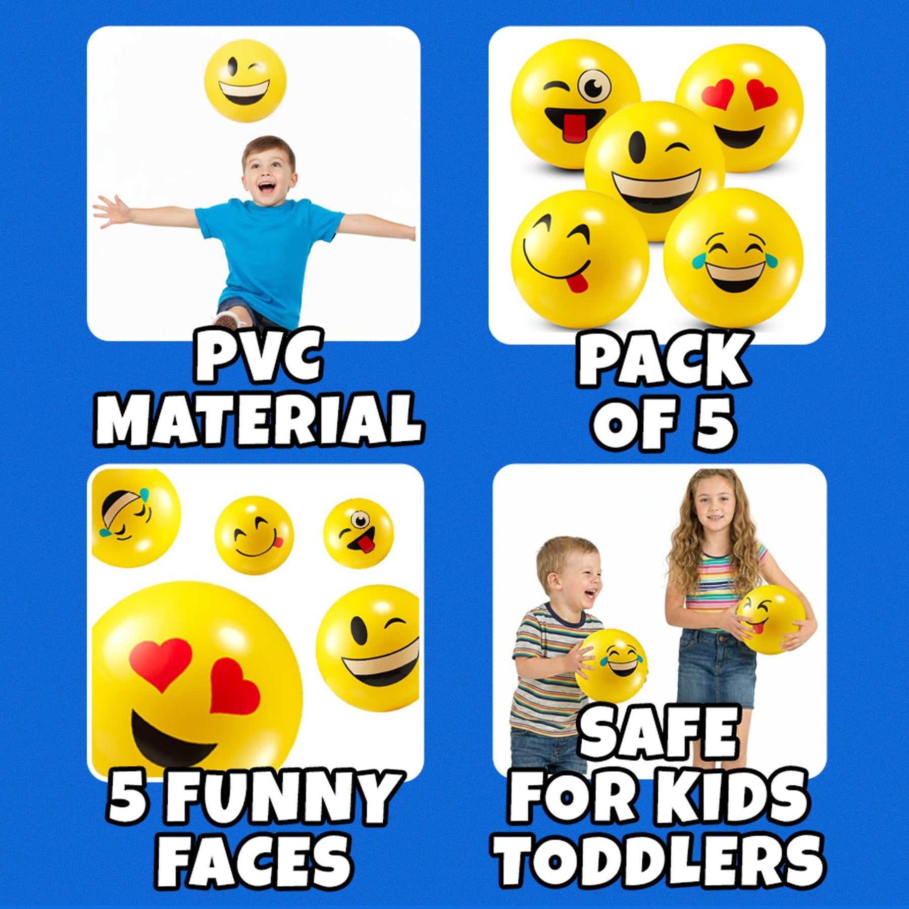 KiddieLoot 8.5-Inch Happy Face Bouncing Balls for Kids & Toddlers (Pack of 5) - Playground Balls w/ 5 Fun Designs - Lightweight Play Bouncy Ball Gifts for Boys & Girls