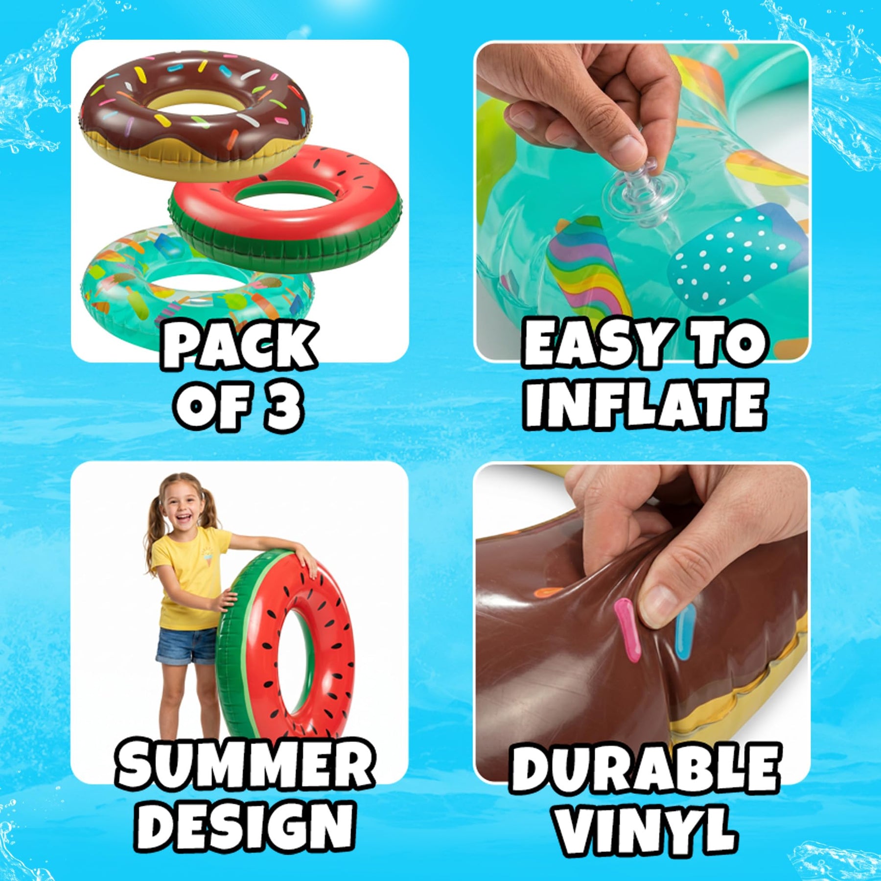Pool Floats Kids (3 Pack) - Inflatable Pool Floaties, Inner Swim Tube Rings - Fun Designs, Swimming Raft Toys, Summer Birthday Party Decorations