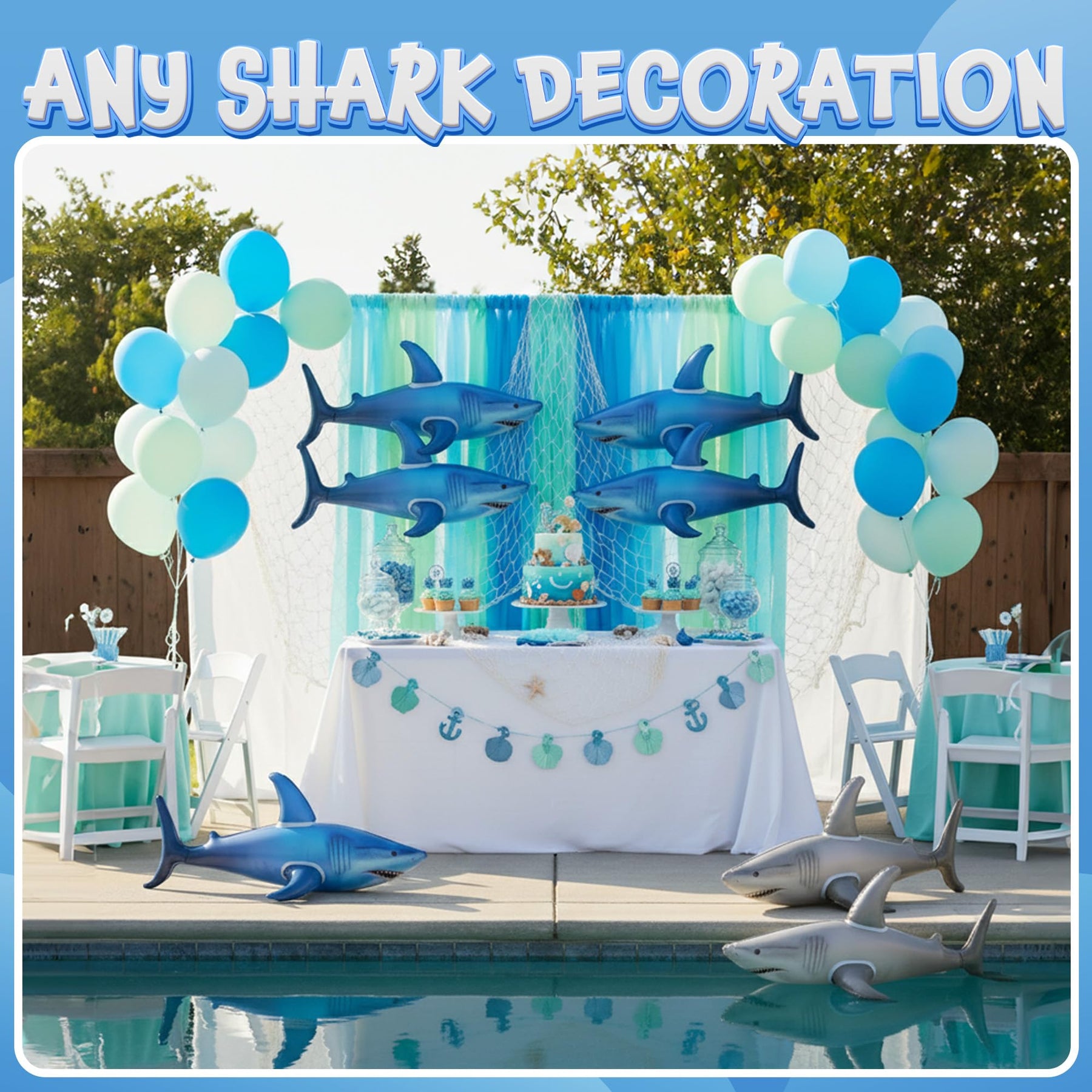 Inflatable Shark Birthday Party Decorations & Pool Toys - 4 Pack (2 Grey, 2 Blue) Large 23-Inch Blow-Up Shark Float Party Supplies for Kids or Adults Birthday, Beach, Summer Games & Party Favor Gifts