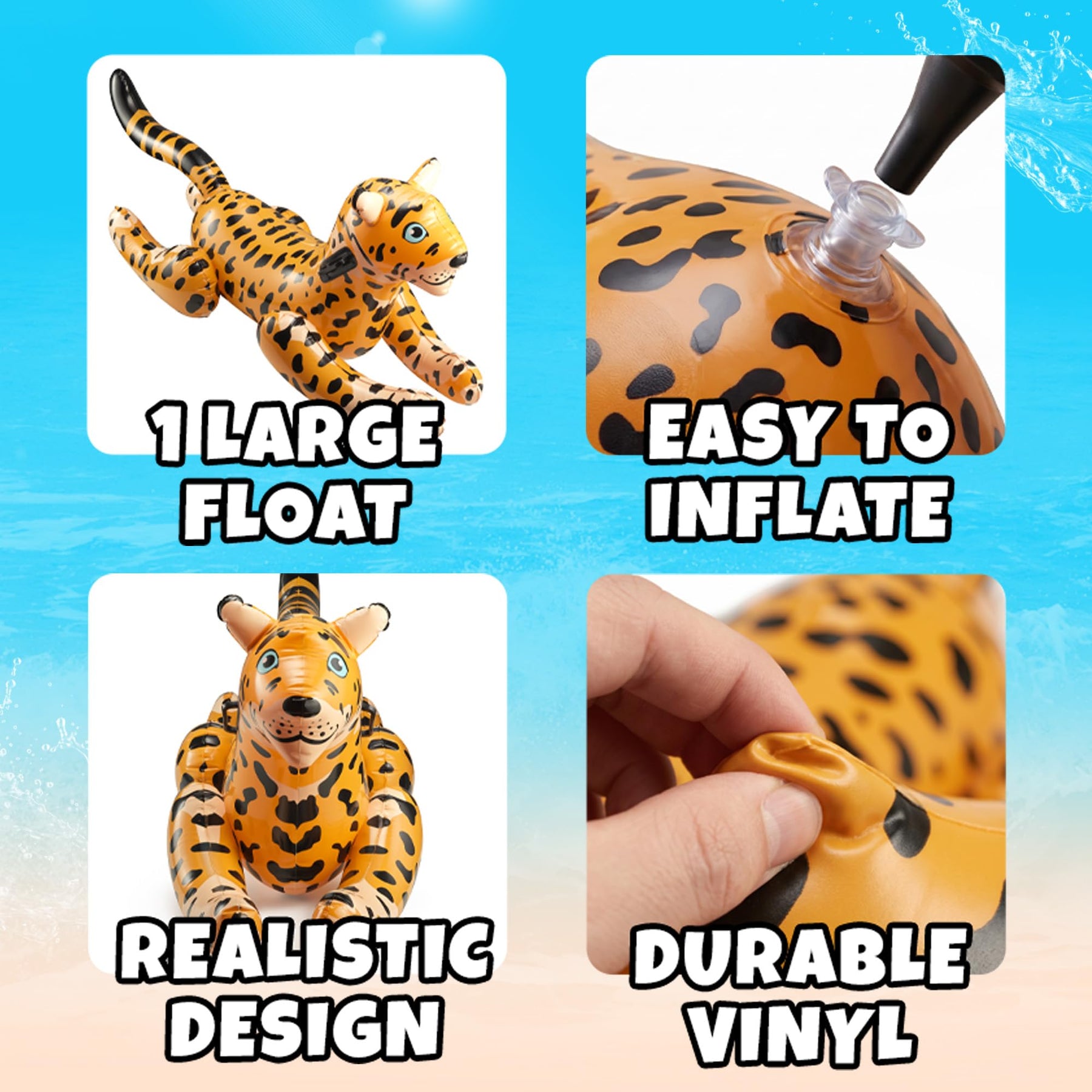 Inflatable Leopard Pool Float Ride-On with Handles - Kids Animal Blow-Up Pool Float Toy for Swimming Pool or Beach, Large Size Summer Water Floatie and Fun Raft Party Decoration