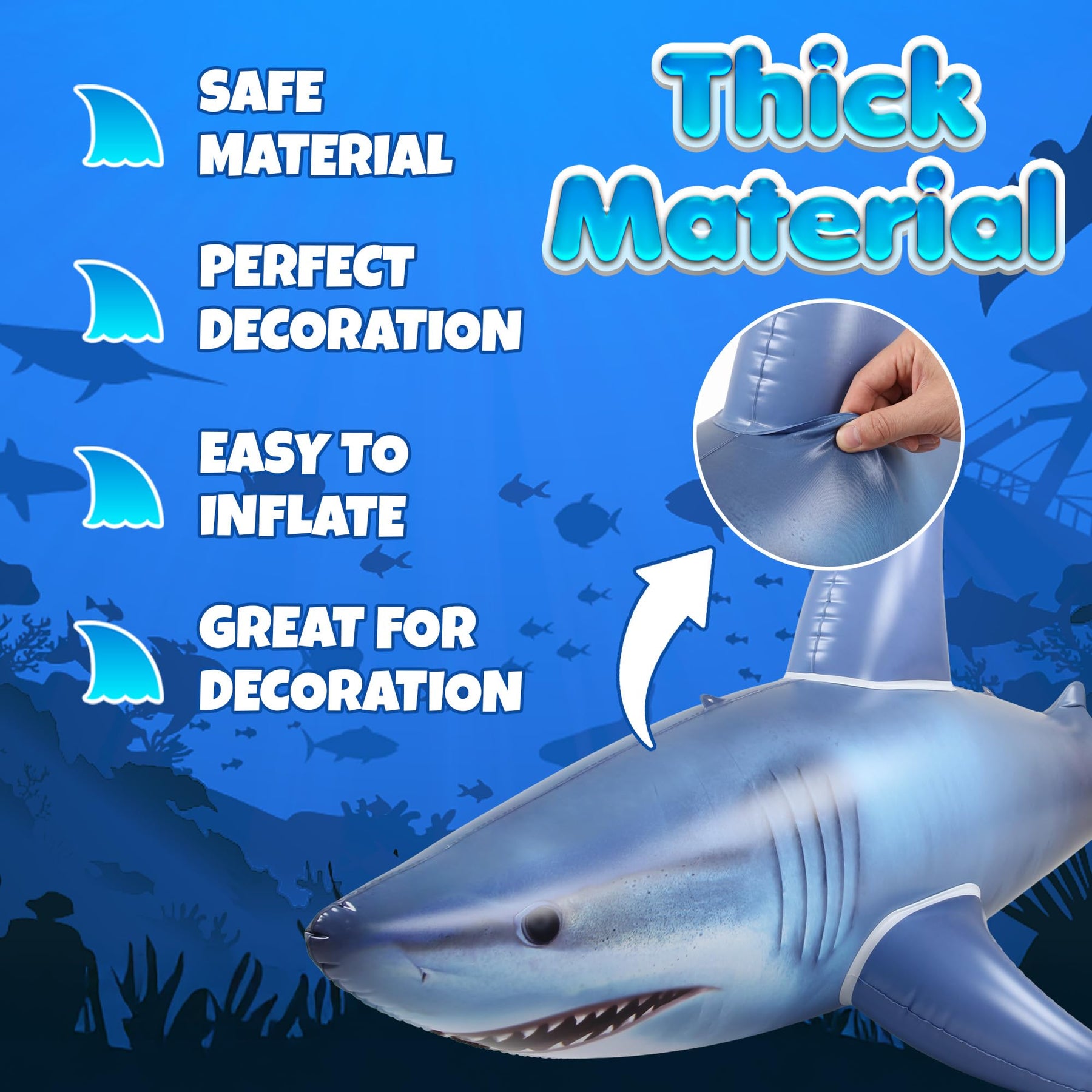 Giant Inflatable Shark Pool Float 75” - Large Blow Up Shark Toy for Kids, Teens & Adults - Realistic Fish Swimming Pool Toy, Ocean Theme Birthday Party Decorations, Beach & Backyard Summer Float
