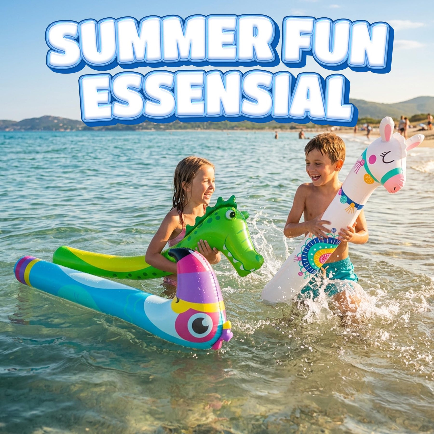 Inflatable Pool Noodles (3 Pack, 45 Inch) - Portable Blow Up Pool Floats for Kids - Cute Flamingo, Dinosaur, & Unicorn Designs - Travel Friendly Swimming Pool Noodle Toys for Lakes, Beach or Vacation