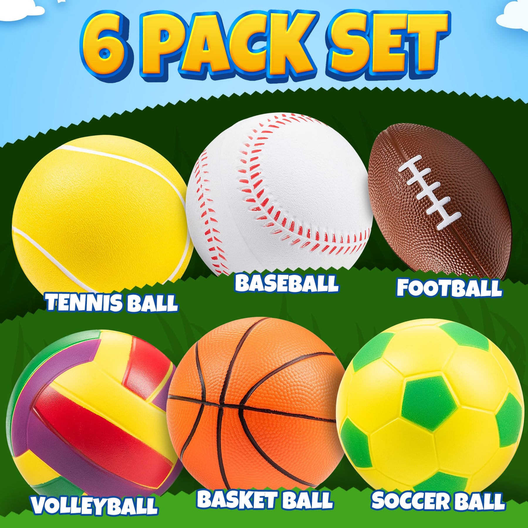 Foam Sports Balls For Toddlers 1-3, 6 Piece Soft Sports Balls with Soccer, Basketball, Football, Baseball, Tennis & Volleyball - Indoor & Outdoor Toddler Boys & Girls Ball Toys with Mesh Storage Bag