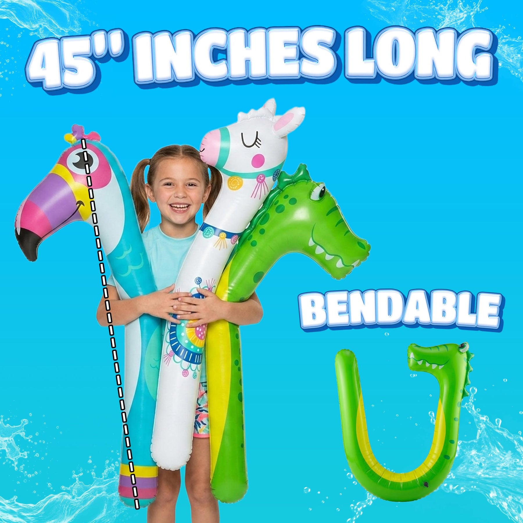 Inflatable Pool Noodles (3 Pack, 45 Inch) - Portable Blow Up Pool Floats for Kids - Cute Flamingo, Dinosaur, & Unicorn Designs - Travel Friendly Swimming Pool Noodle Toys for Lakes, Beach or Vacation