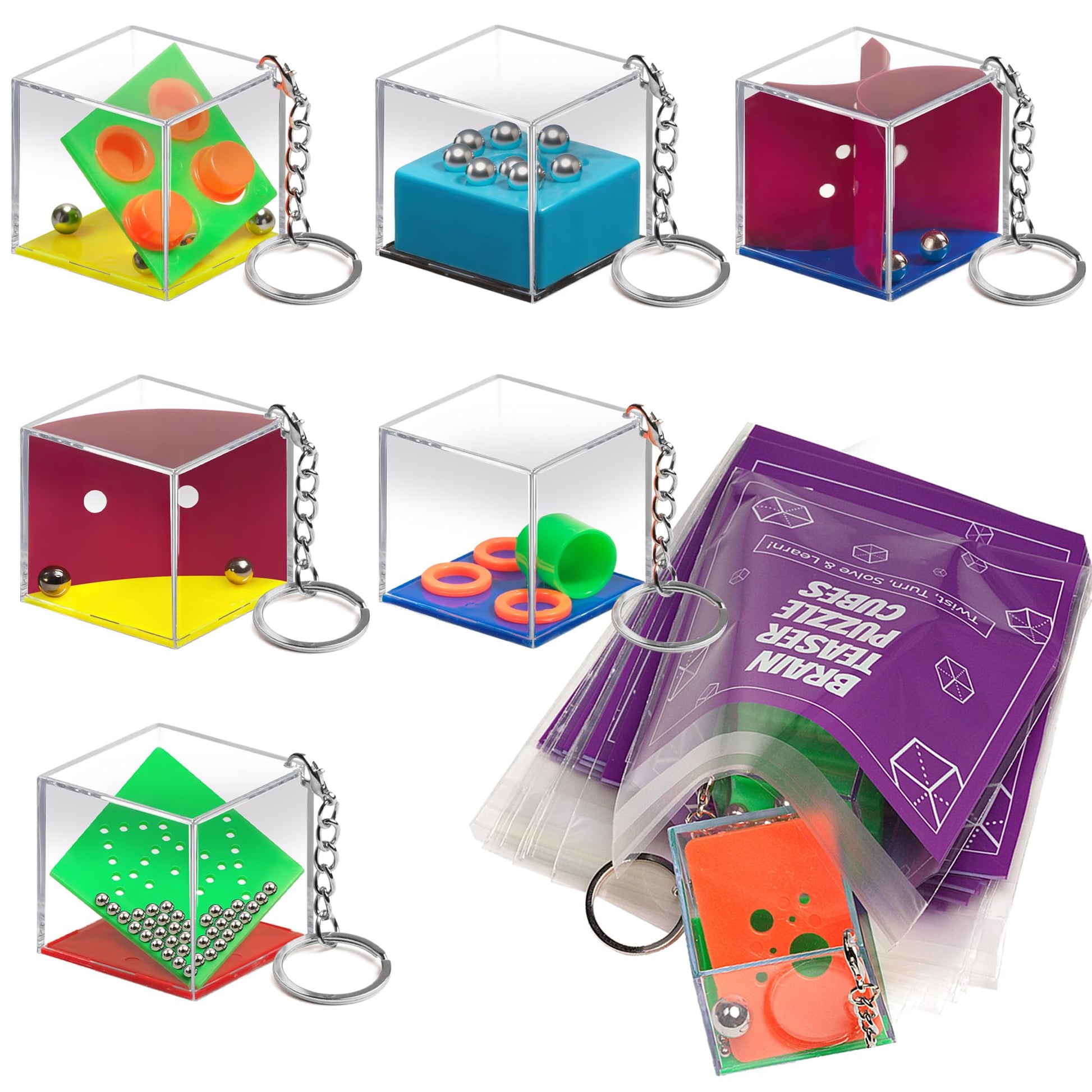 KiddieLoot Brain Teaser Puzzle Cubes on Keychain (6 Pack) - Mini Maze Toys for Kids, Unique Party Favors, Goodie Bag Fillers, Treasure Box Classroom Rewards, Bulk Small Toys for Boys & Girls