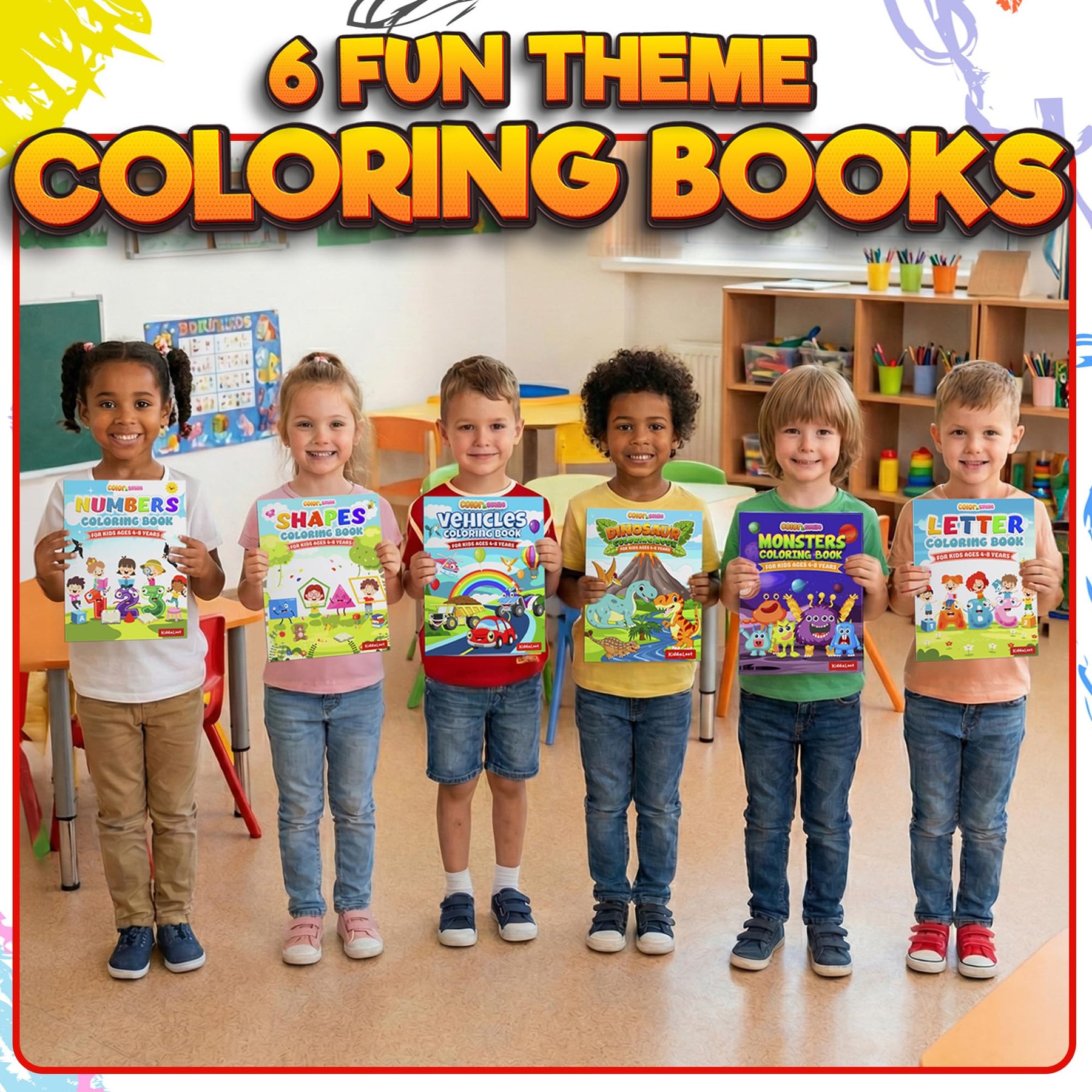 KiddieLoot Coloring Books for Kids Ages 4-8 - (Pack of 6) 8.5x11 Size Book w/Dinosaurs, Monsters, Vehicles, Alphabet, Numbers & Shapes - Kids Coloring Books Variety Set for Boys & Girls Color Gift