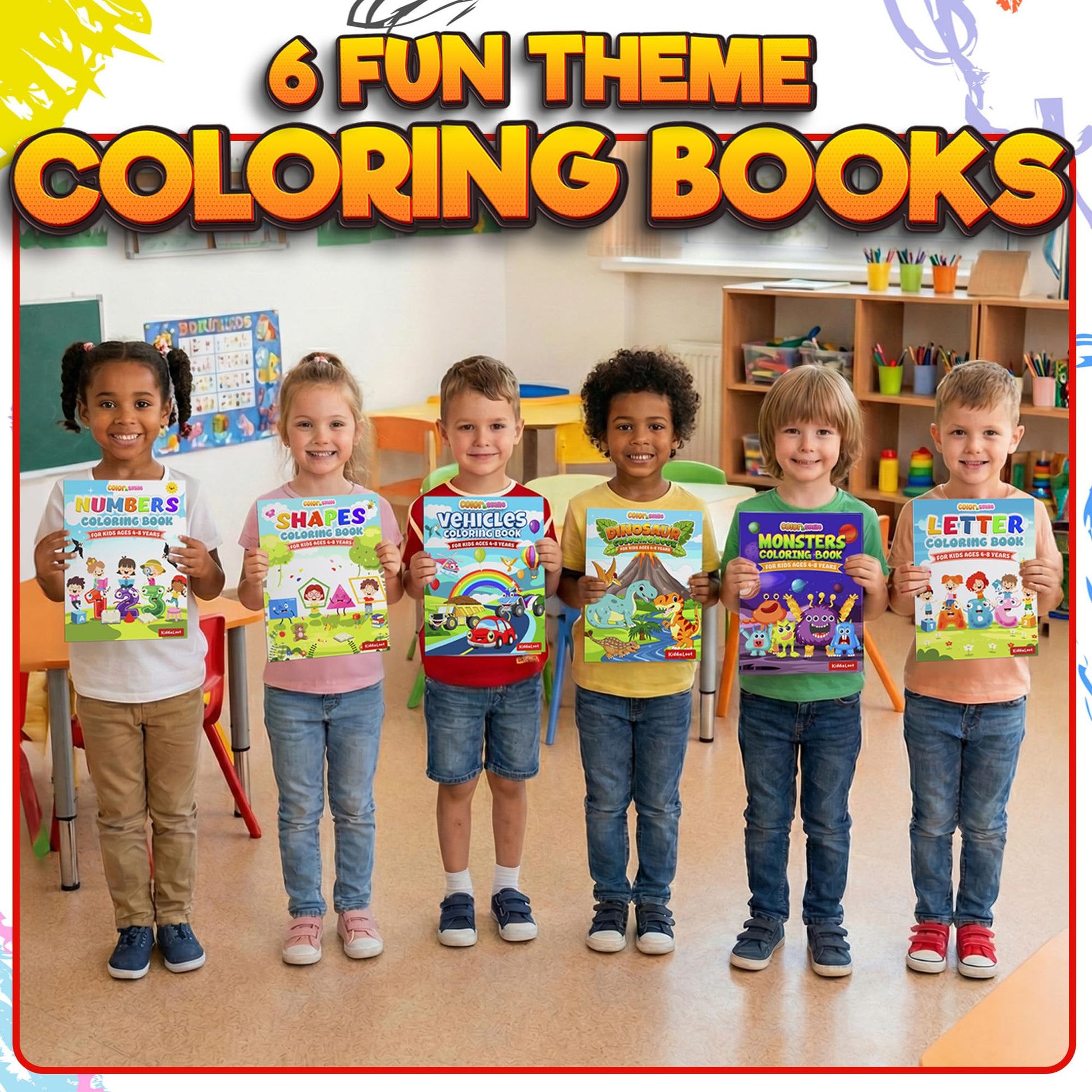 KiddieLoot Coloring Books for Kids Ages 4-8 - (Pack of 6) 8.5x11 Size Book w/Dinosaurs, Monsters, Vehicles, Alphabet, Numbers & Shapes - Kids Coloring Books Variety Set for Boys & Girls Color Gift