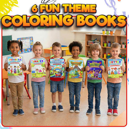 KiddieLoot Coloring Books for Kids Ages 4-8 - (Pack of 6) 8.5x11 Size Book w/Dinosaurs, Monsters, Vehicles, Alphabet, Numbers & Shapes - Kids Coloring Books Variety Set for Boys & Girls Color Gift