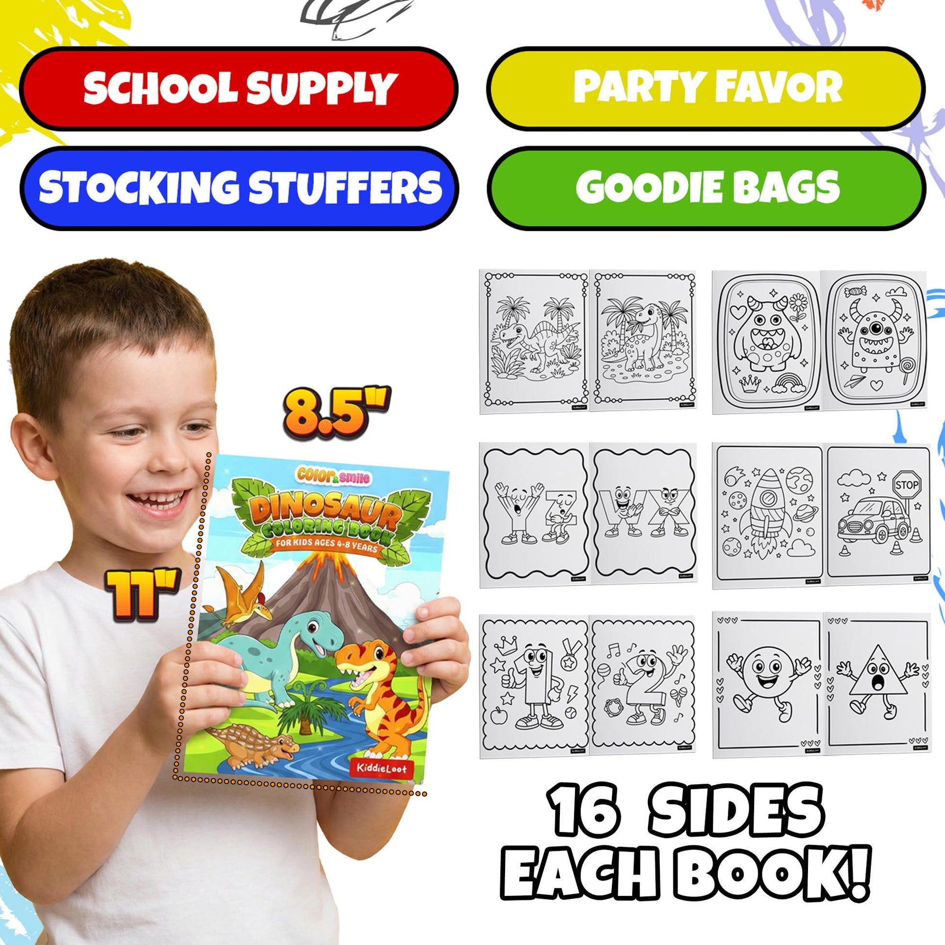 KiddieLoot Coloring Books for Kids Ages 4-8 - (Pack of 12) 8.5x11 Size Book w/Dinosaurs, Monsters, Vehicles, Alphabet, Numbers & Shapes - Kids Coloring Books Variety Set for Boys & Girls Color Gift