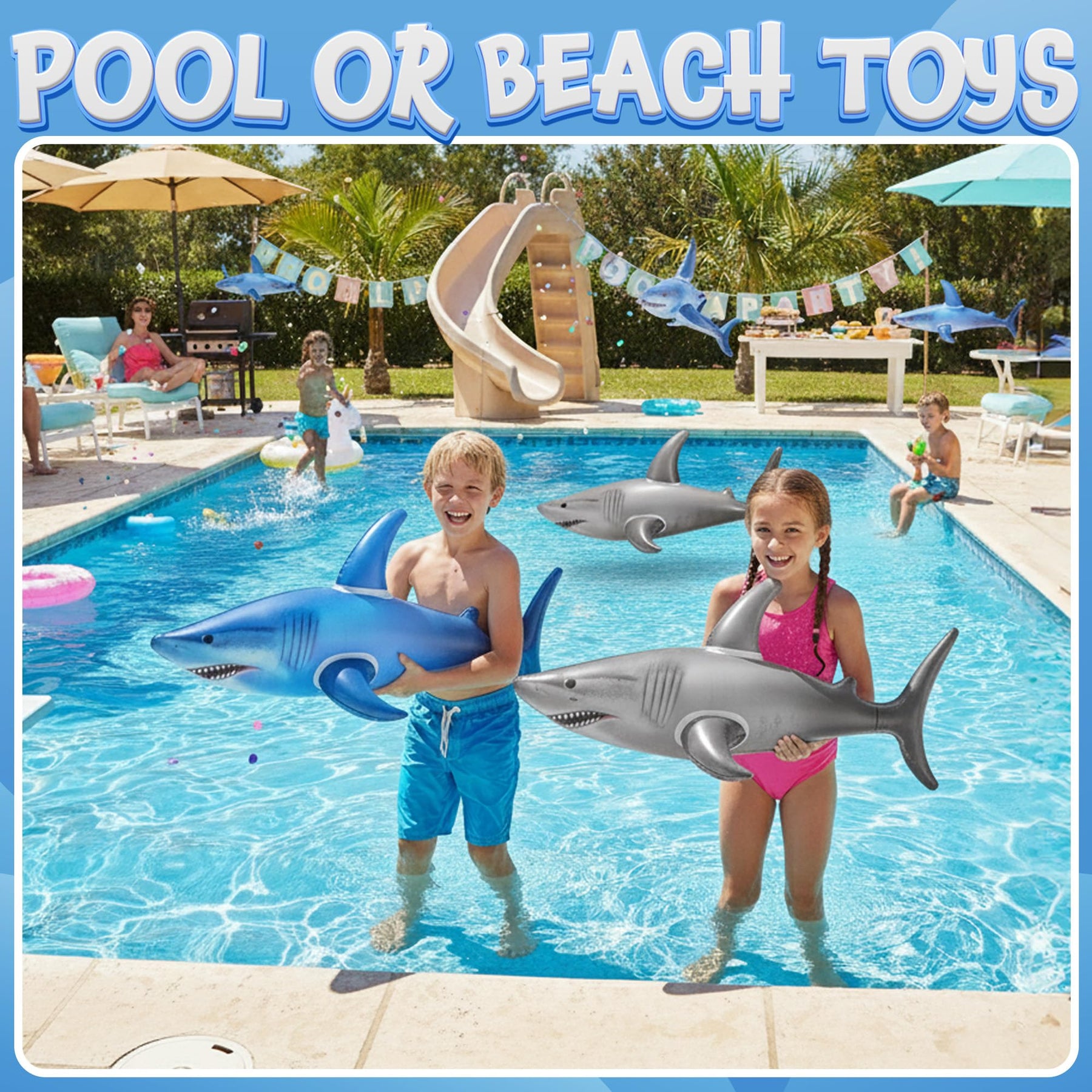 Inflatable Shark Birthday Party Decorations & Pool Toys - 4 Pack (2 Grey, 2 Blue) Large 23-Inch Blow-Up Shark Float Party Supplies for Kids or Adults Birthday, Beach, Summer Games & Party Favor Gifts