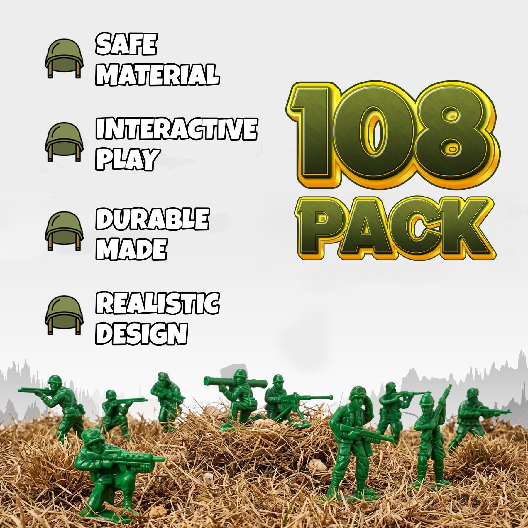 KiddieLoot Green Army Men Toy Soldiers (108 Pack) - Classic Military Action Figures for Kids - Plastic Army Toys Set for Battle Play, Party Favors, Cake Toppers & Goodie Bags
