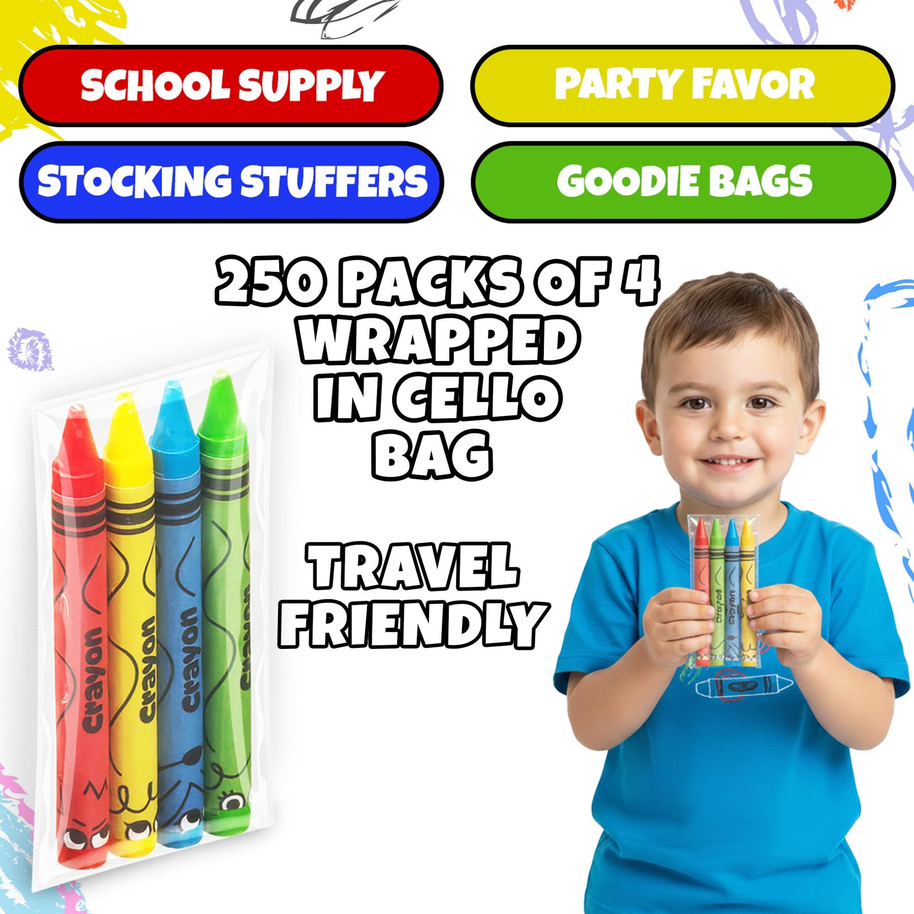 Bulk Crayons 1000 Pack (250 Sets of 4) - Individually Wrapped Crayons Party Favors for Kids, Restaurants, Classrooms, Birthday Goodie Bags, School Supplies, Travel, Toddler Coloring Fun, Non-Toxic Wax