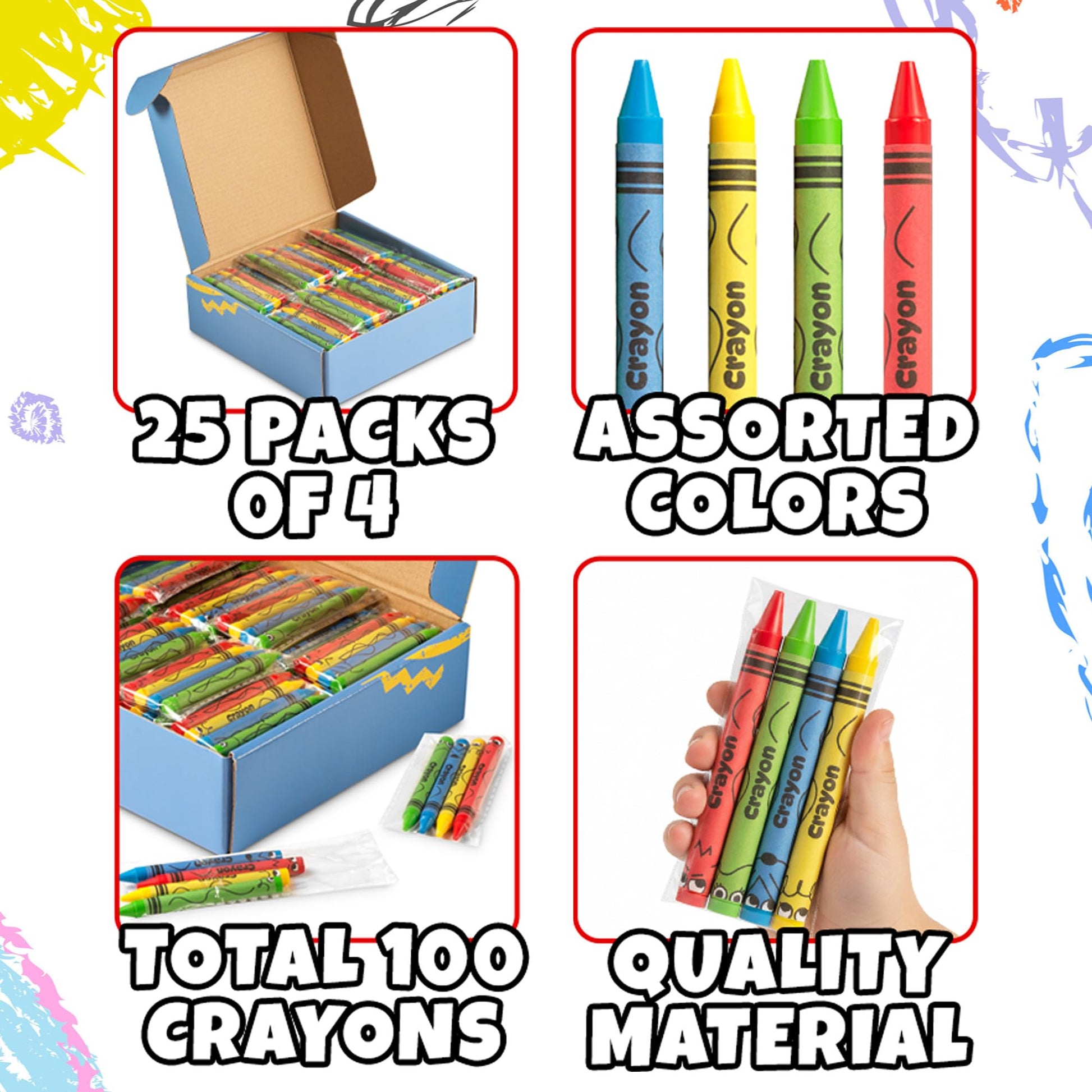 Bulk Crayons 100 Pack (25 Sets of 4) - Individually Wrapped Crayons Party Favors for Kids, Restaurants, Classrooms, Birthday Goodie Bags, School Supplies, Travel, Toddler Coloring Fun, Non-Toxic Wax
