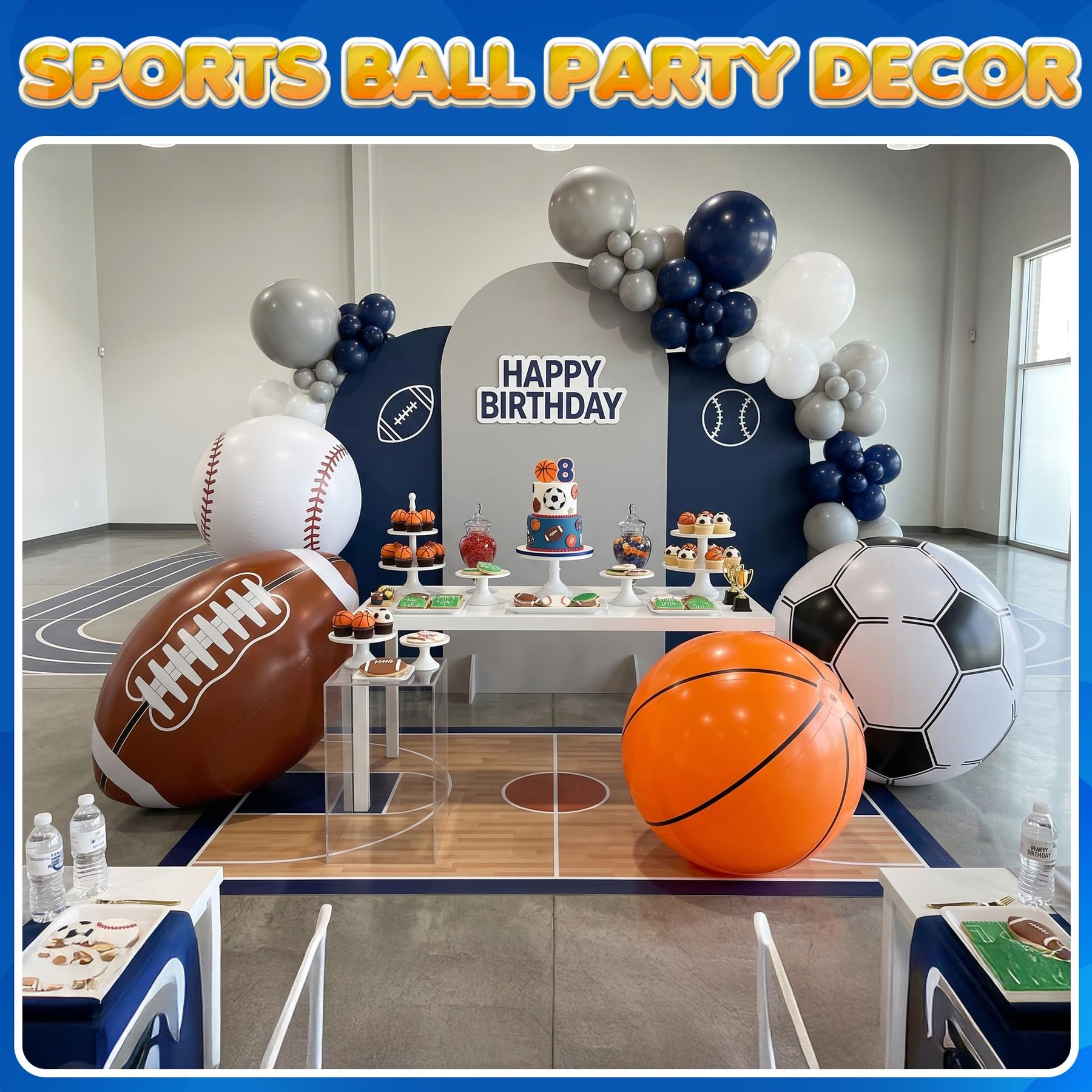 24-Inch Giant Beach Balls - (4-Pack) Extra Large Inflatable Sports Pool Ball Variety - Basketball Football Soccer Baseball - Oversized Beach Balls for Kids Summer Parties & Sports Theme Decorations