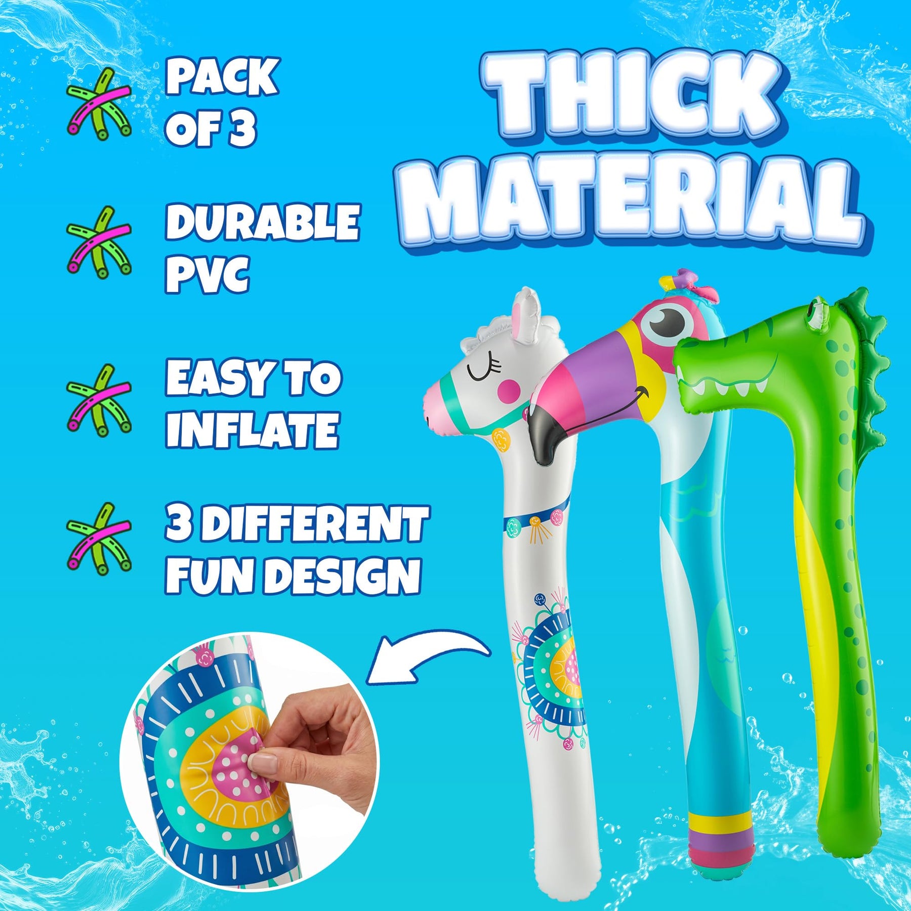 Inflatable Pool Noodles (3 Pack, 45 Inch) - Portable Blow Up Pool Floats for Kids - Cute Flamingo, Dinosaur, & Unicorn Designs - Travel Friendly Swimming Pool Noodle Toys for Lakes, Beach or Vacation