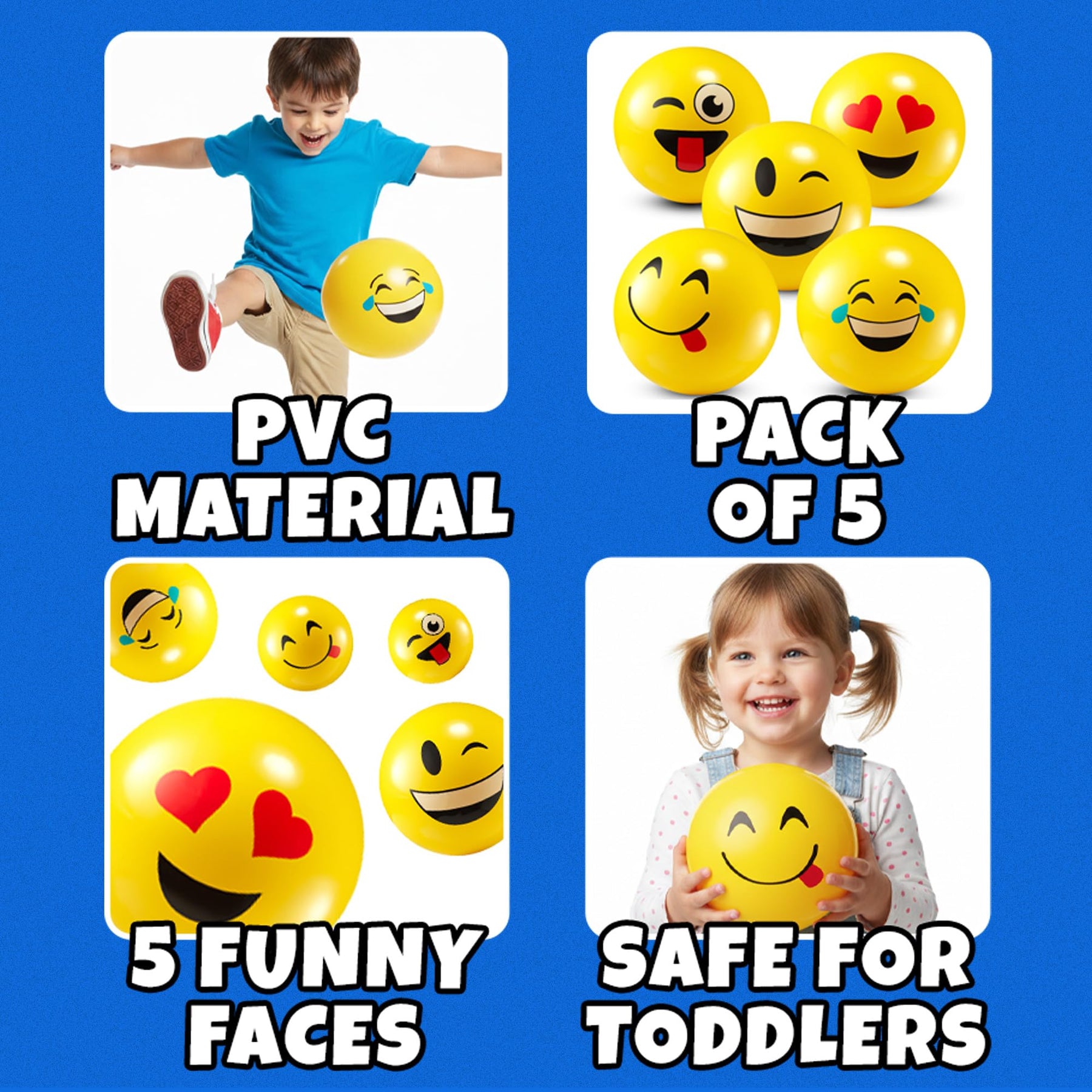 KiddieLoot 5-Inch Happy Face Bouncing Balls for Kids & Toddlers (Pack of 5) - Playground Balls w/ 5 Fun Designs - Lightweight Play Bouncy Ball Gifts for Boys & Girls