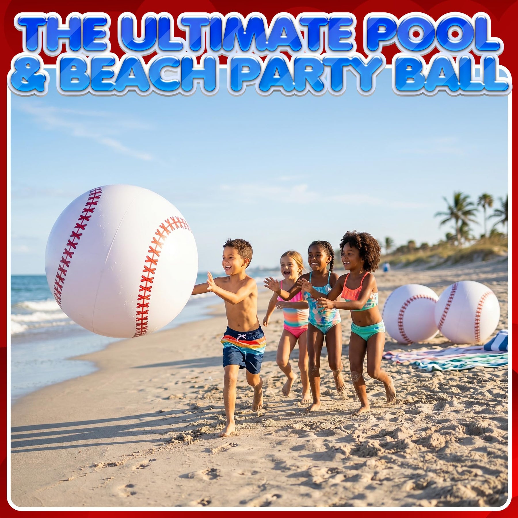 KiddieLoot 24-Inch Giant Beach Balls - (3-Pack) Inflatable Baseball Beach Balls - Extra Large Blow Up Pool Balls for Kids, Summer Pool Toys, Baseball Party Decorations & Sports Theme Decorations